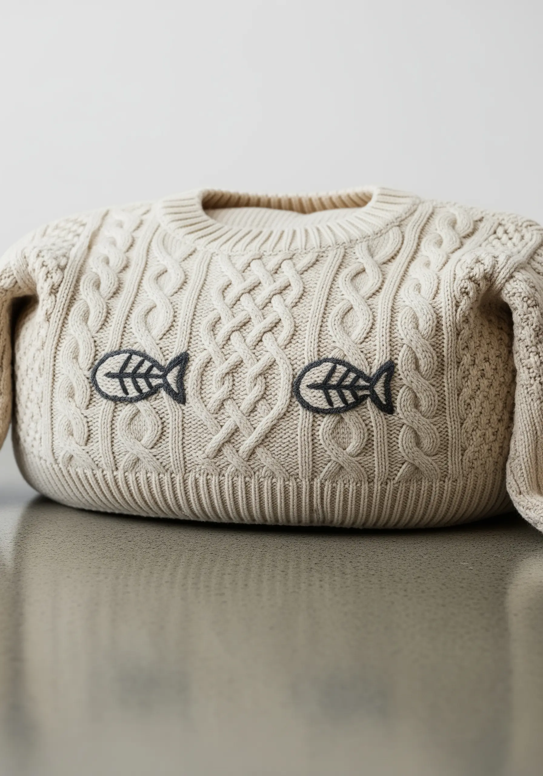 A cream cable-knit sweater with two small, simple fish motifs embroidered on the chest.