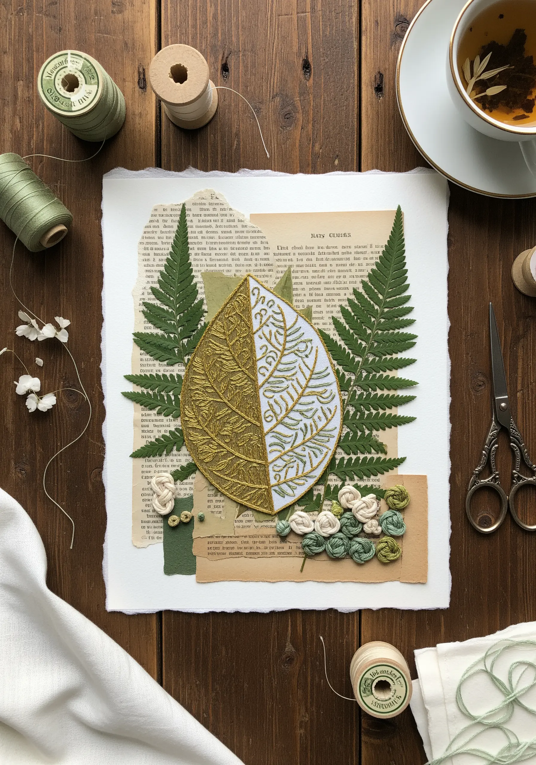 Embroidered leaf appliqué with satin stitch and woven wheel roses on a paper collage.