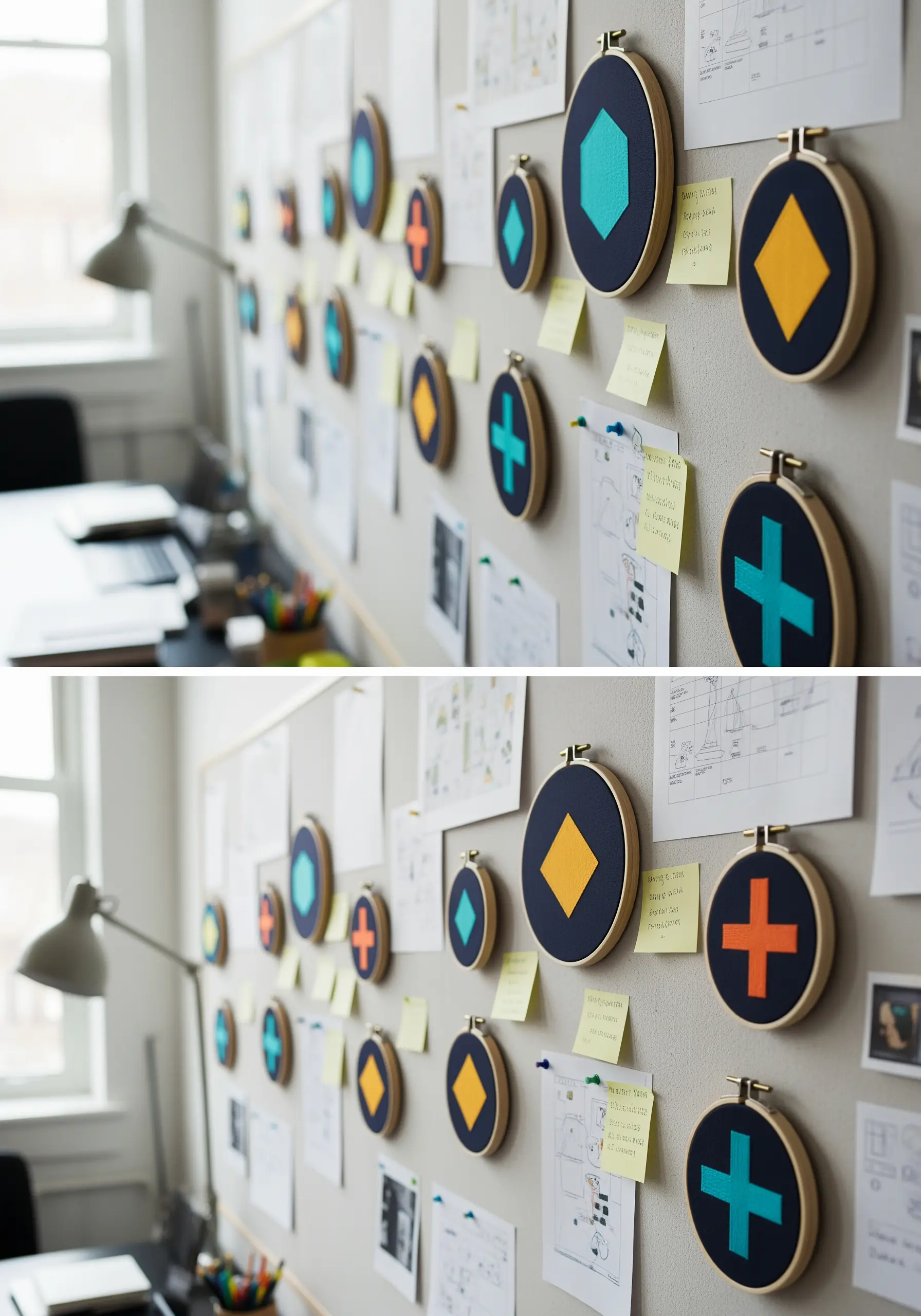 A bulletin board decorated with small, colorful geometric embroidery hoops used as pins.
