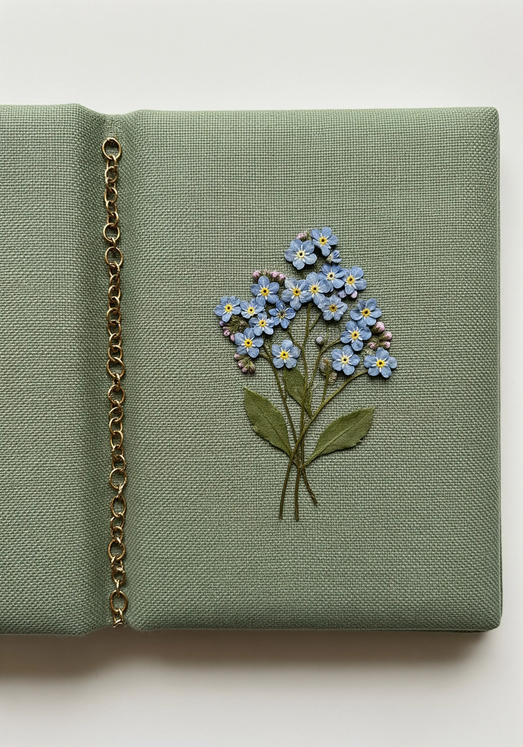 An embroidered bouquet of forget-me-nots on a green book cover with a gold chain spine.
