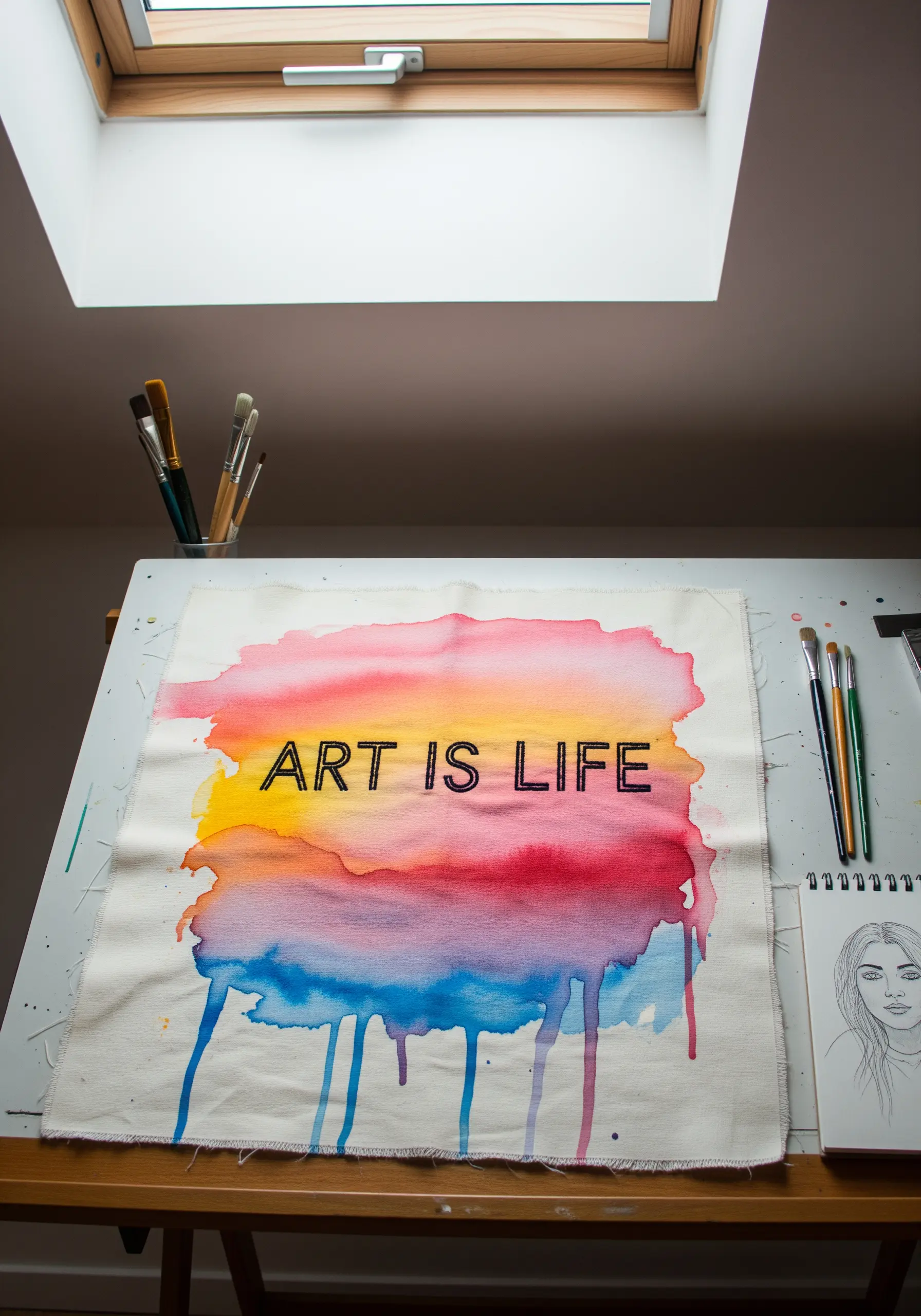 Black stitched text over a vibrant sunset watercolor wash on canvas