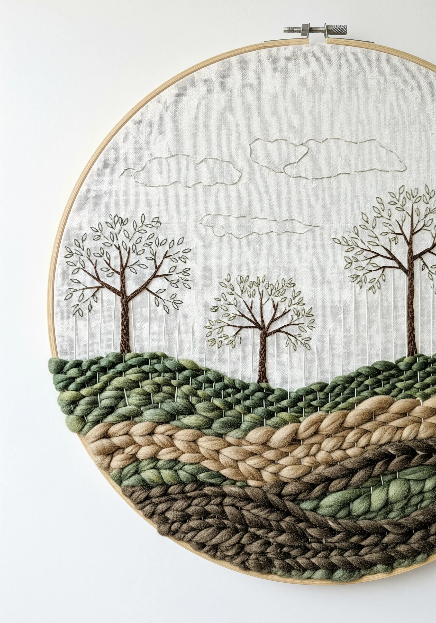 Mixed media hoop art combining weaving with chunky yarn and delicate tree embroidery.