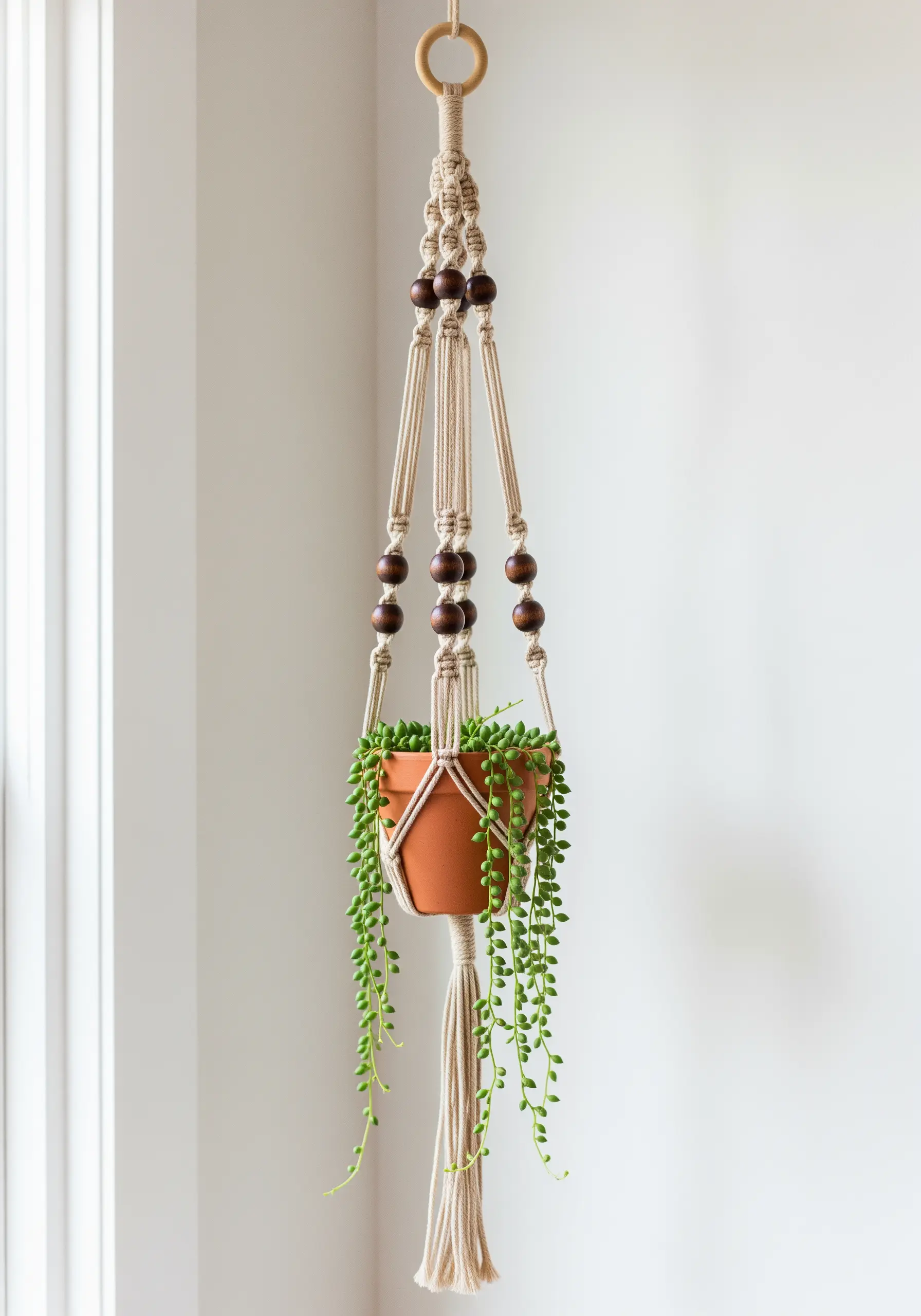 A macrame plant hanger made with natural cord and accented with dark brown wooden beads.