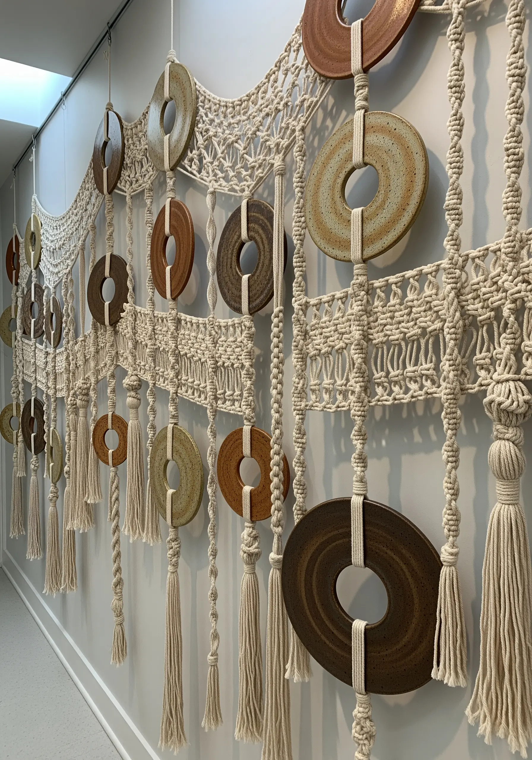 Macrame wall hanging with integrated ceramic discs
