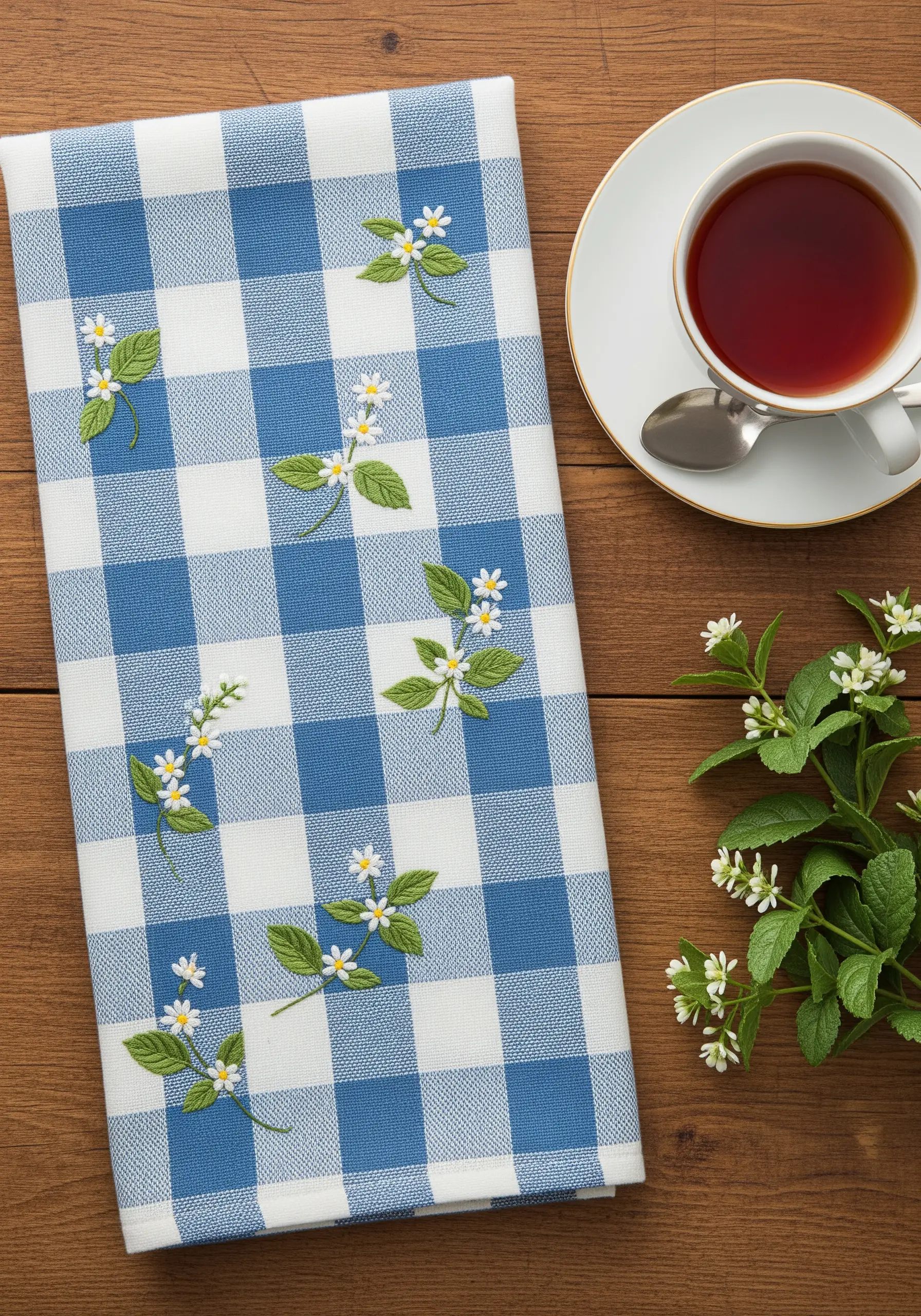 Small, simple white and green blossoms embroidered on a blue and white gingham tea towel.