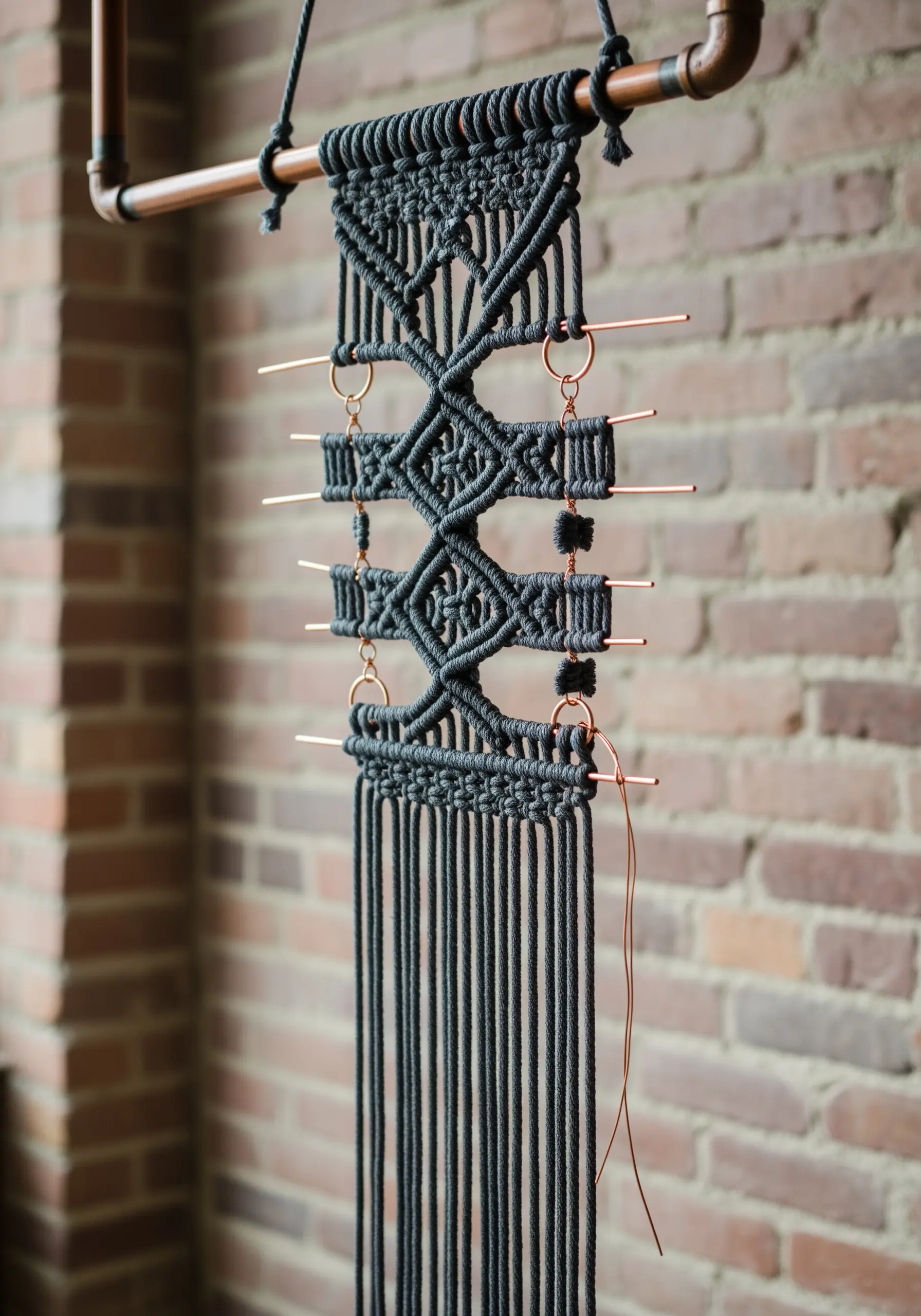 Modern black macrame wall hanging with integrated copper pipes and rings for structure.