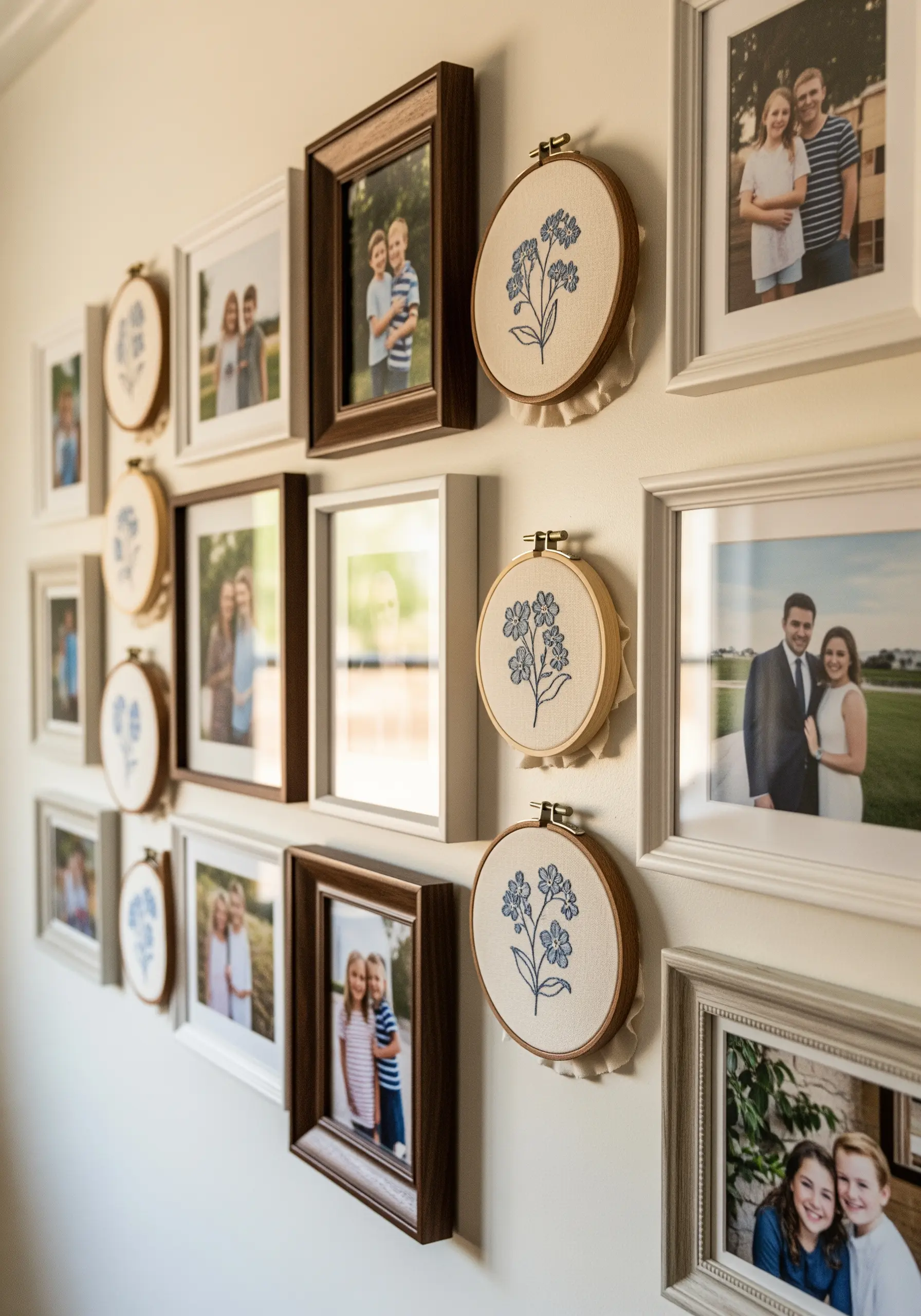 Small embroidery hoops with blue flowers interspersed among framed family photos on a gallery wall.