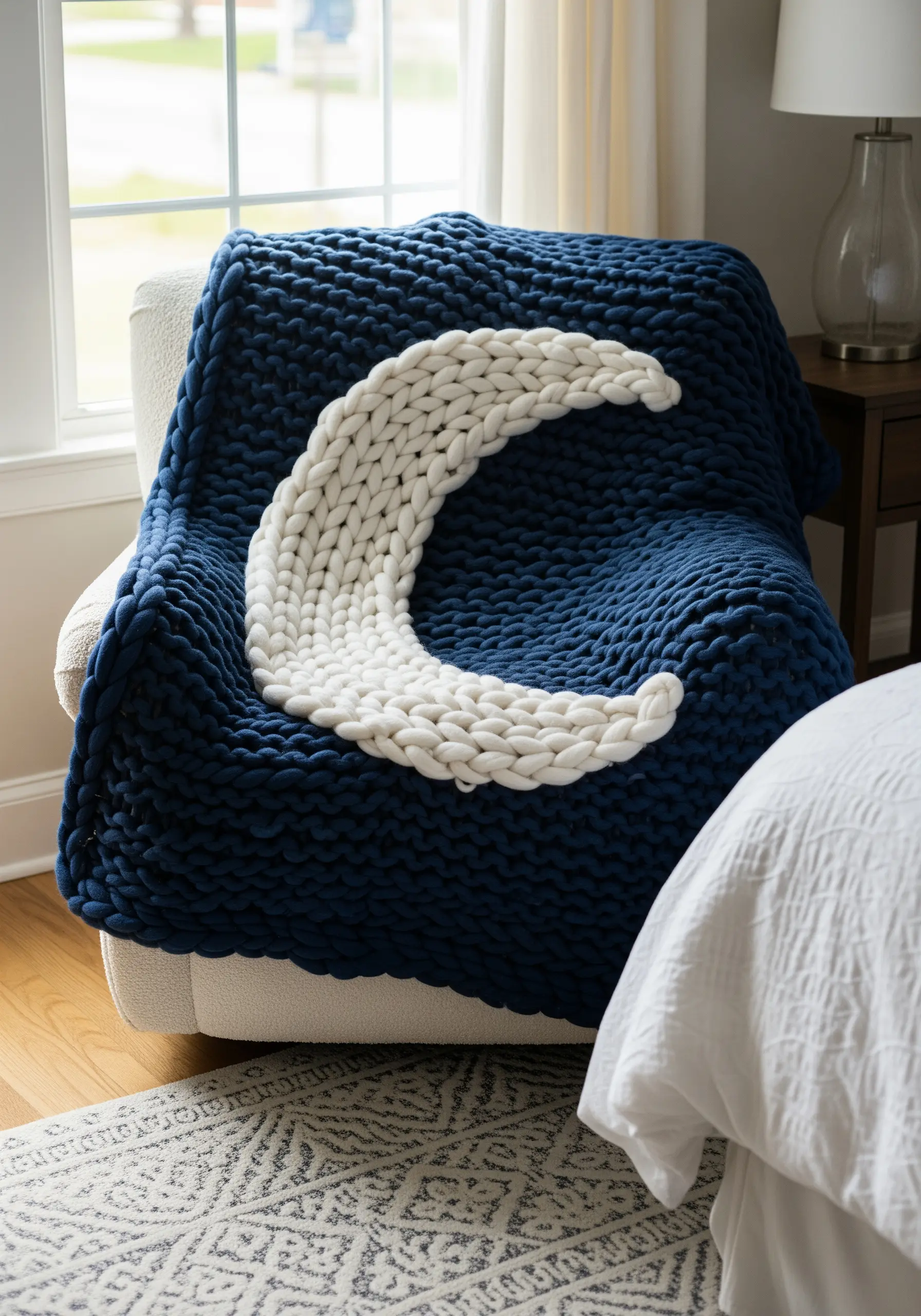 A chunky navy blue knit blanket with a large white knit crescent moon.