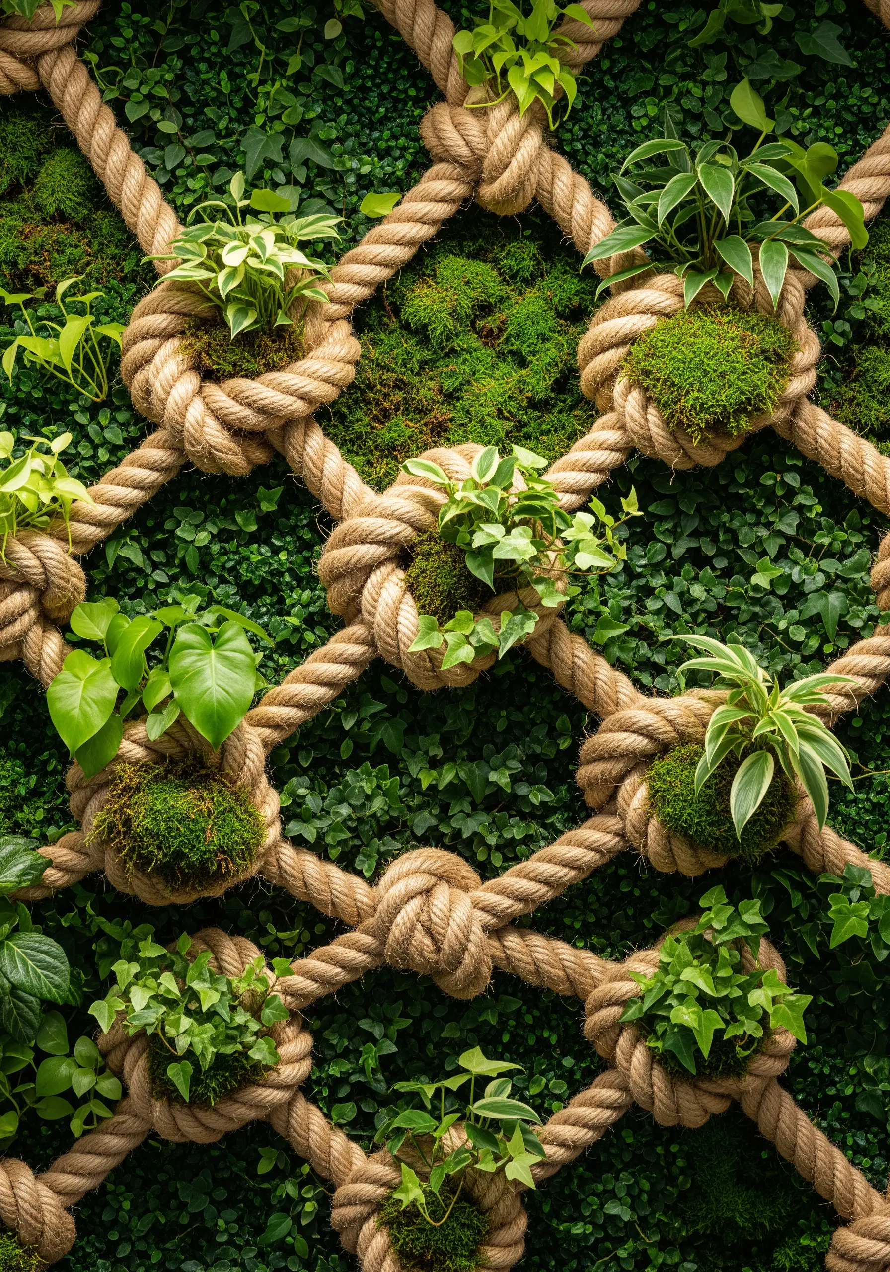 A grid of thick knotted ropes on a green wall, with small plants nested in the knots.
