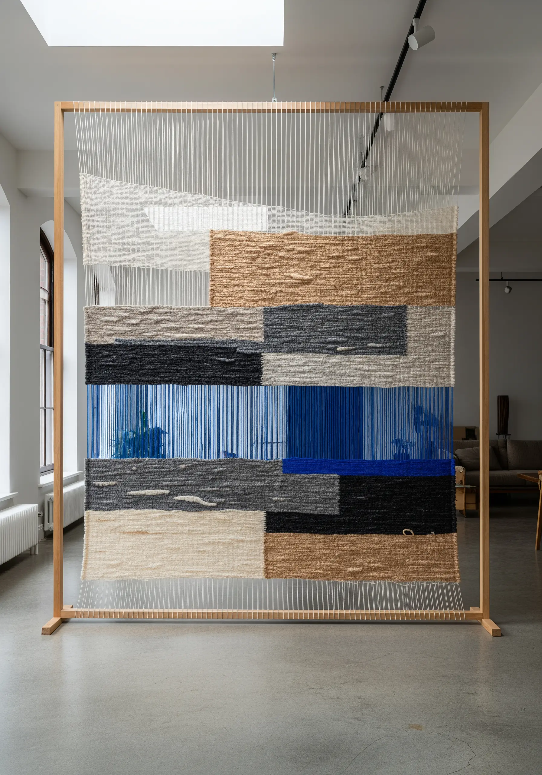 A large, freestanding loom displaying a weaving with open, un-woven sections, creating transparency.
