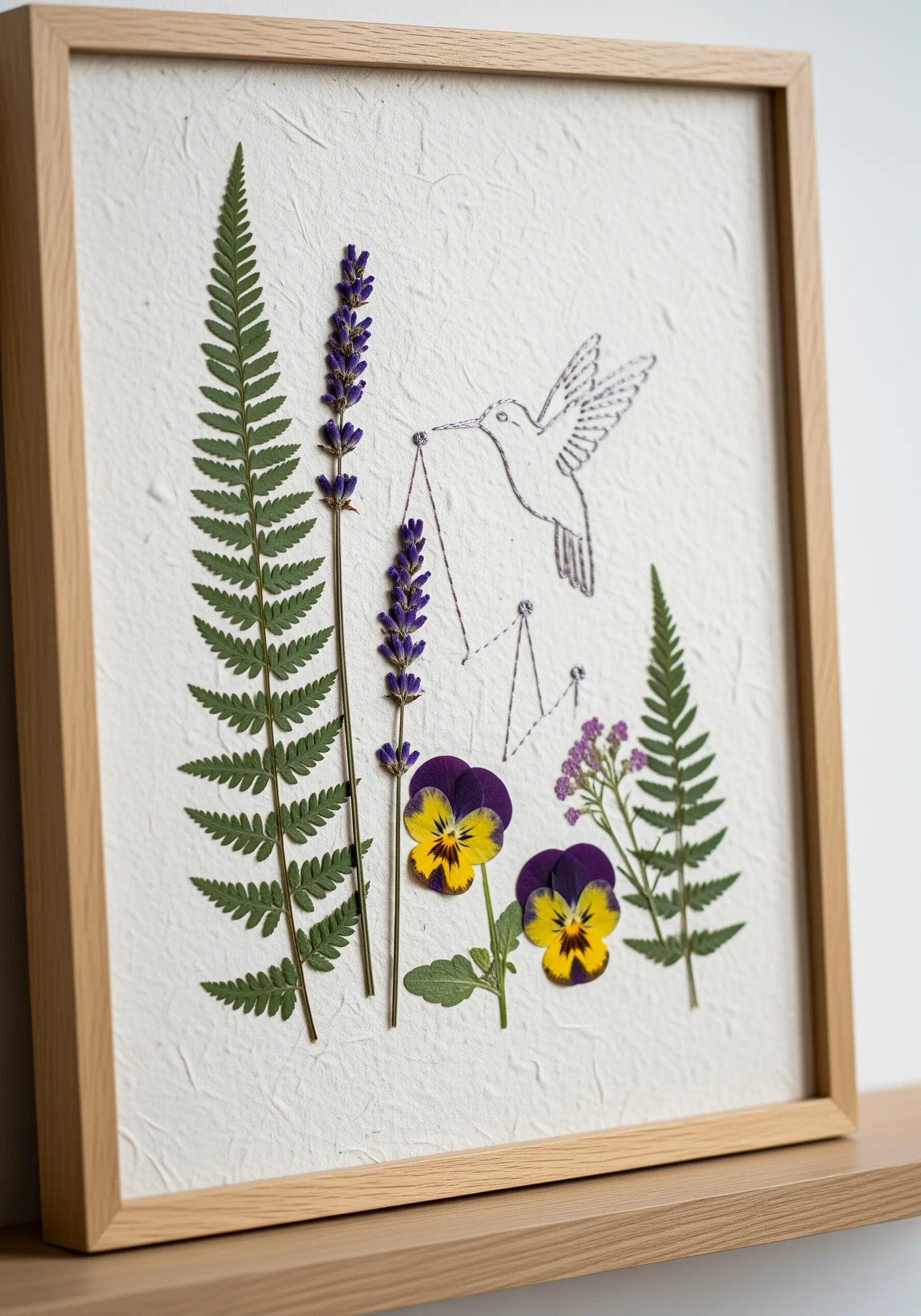 Pressed ferns, lavender, and pansies with a line-art embroidered hummingbird on textured paper.