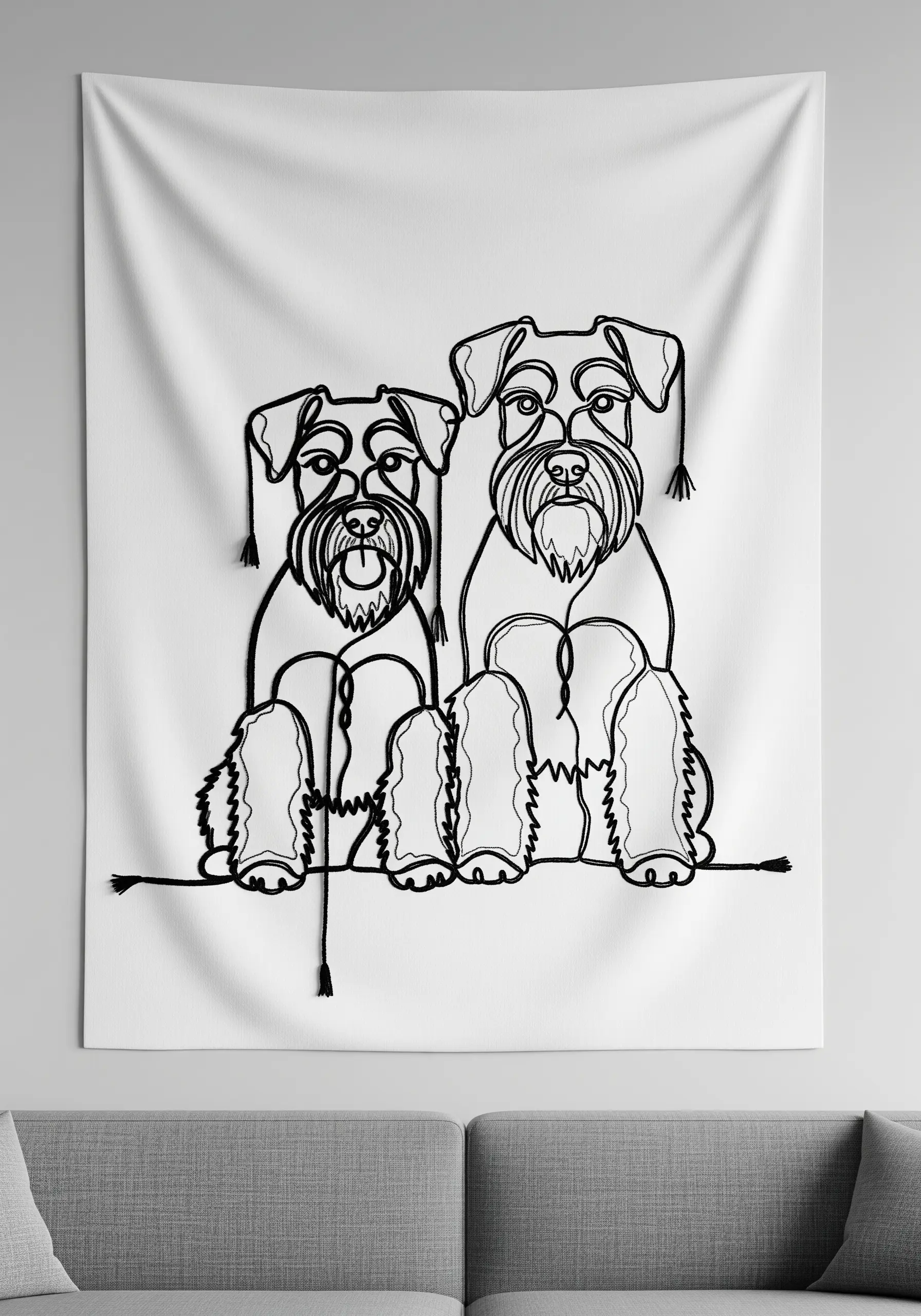 Two Schnauzer line drawings with loose thread tassel details