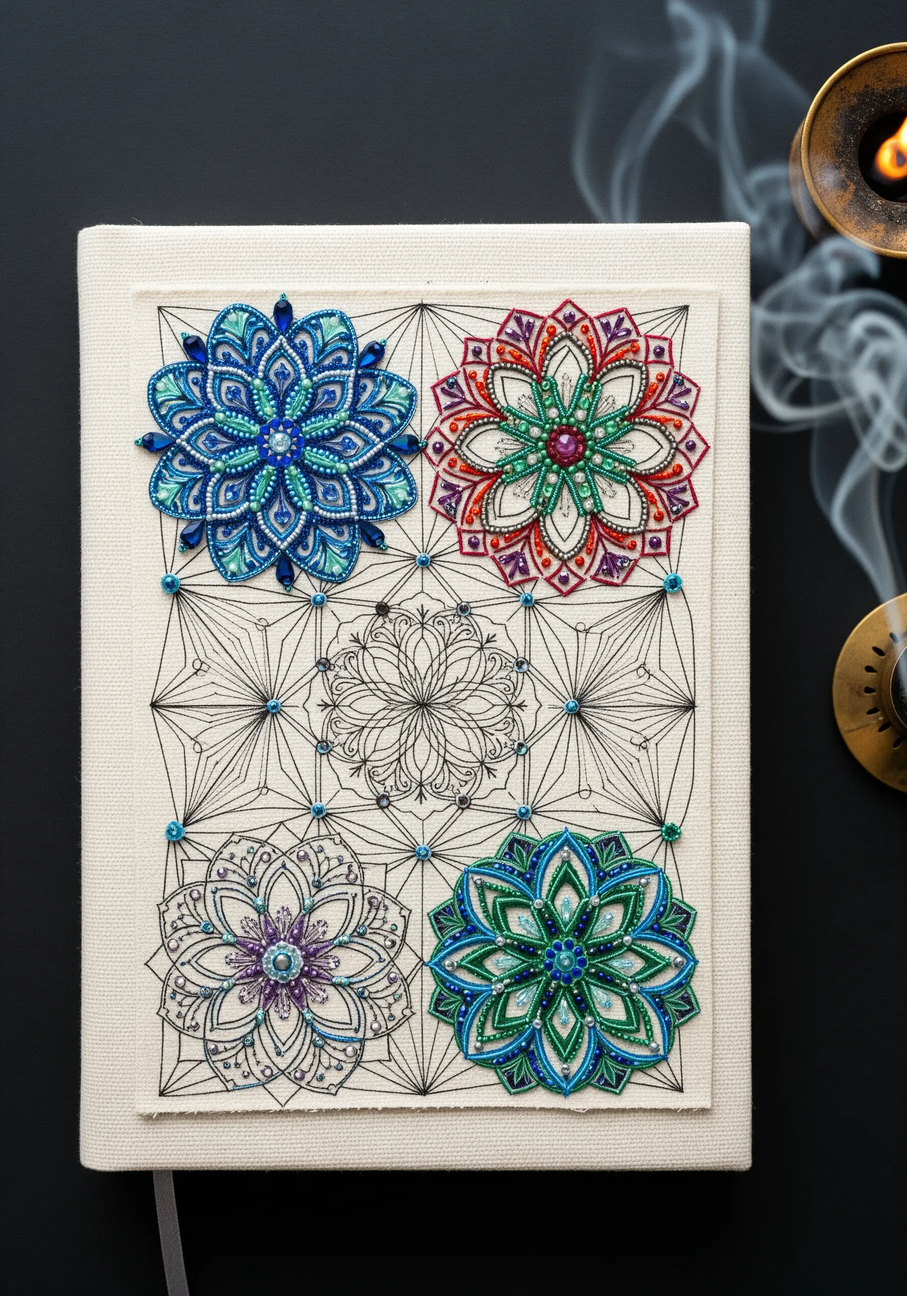 Four mandalas on a journal cover; three are filled with colorful embroidery and one is an ink outline.