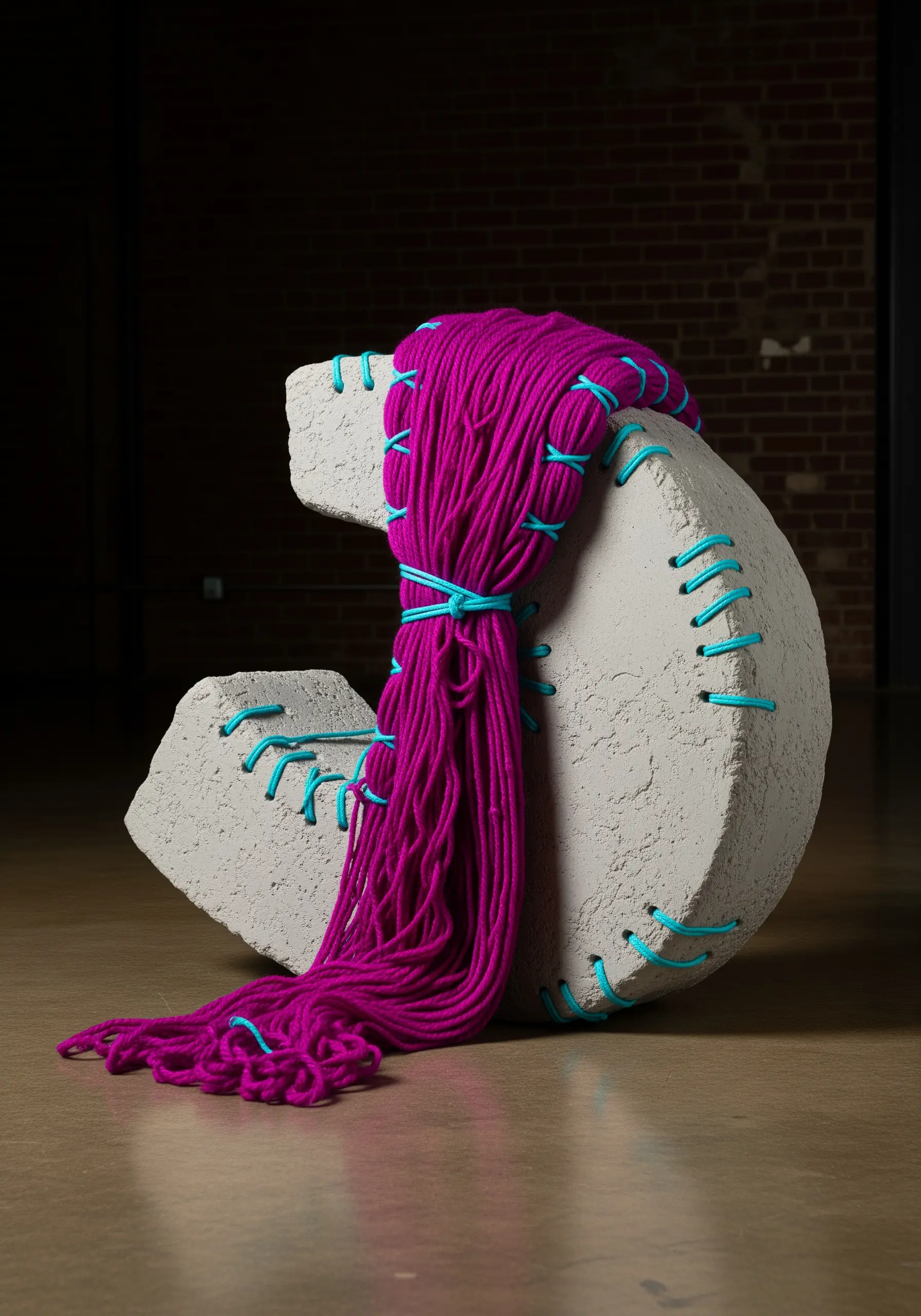 A broken concrete letter 'C' is repaired and embellished with bright magenta yarn laced through drilled holes.