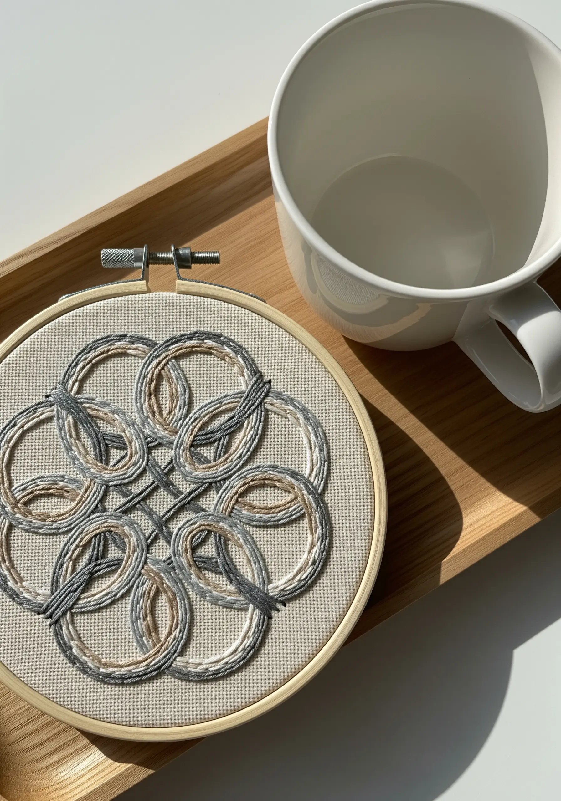 Interlocking woven rings in grey, cream, and beige on neutral fabric.