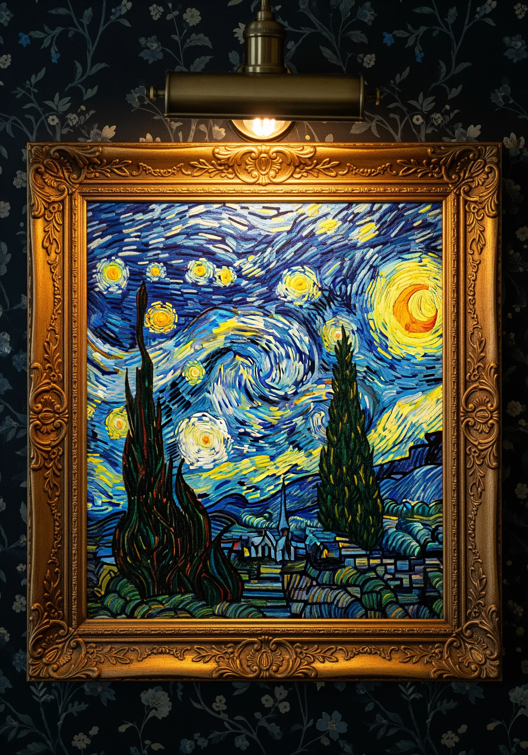 Starry Night inspired embroidery in a gold frame