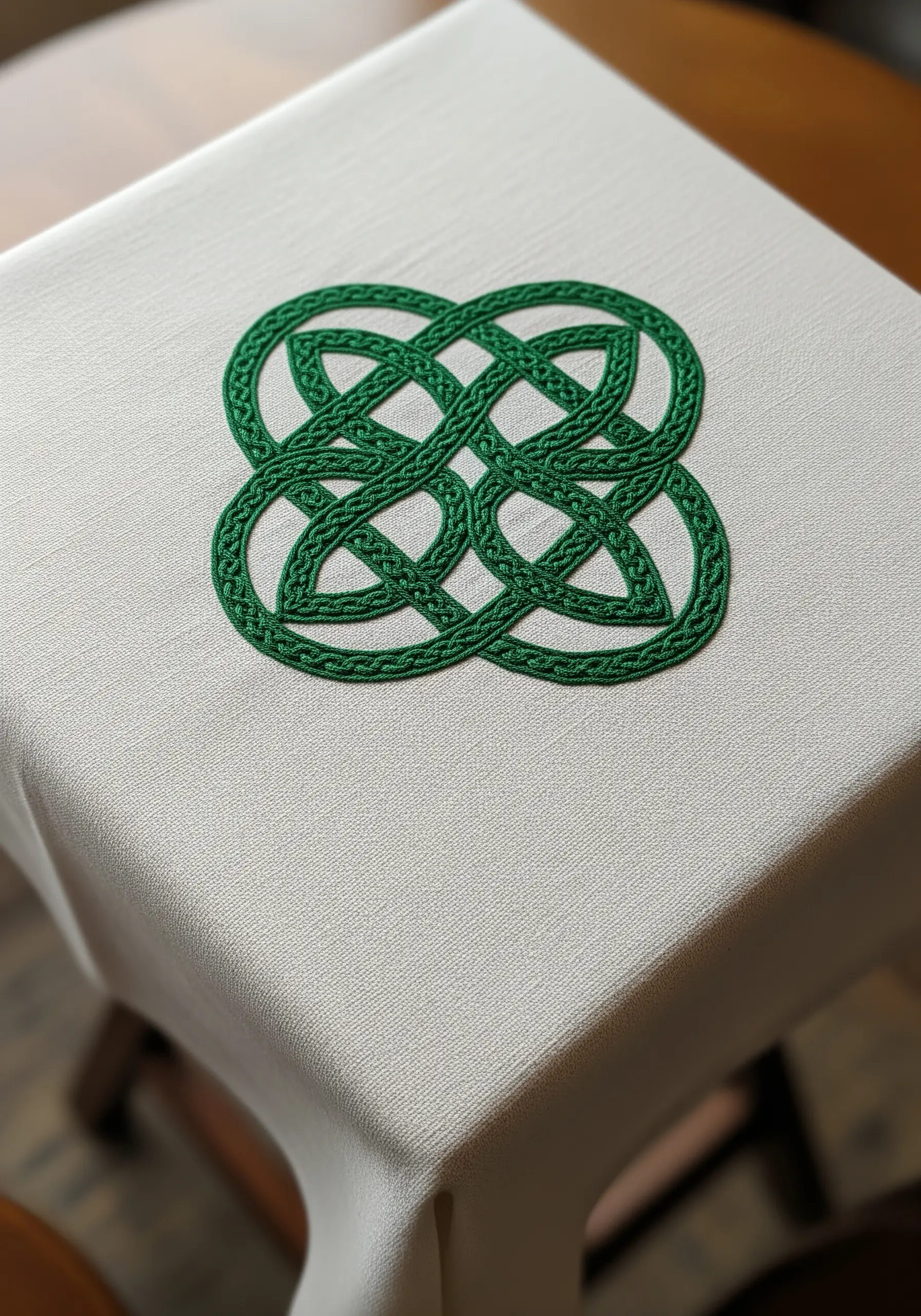 A green Celtic love knot embroidered on the corner of a white tablecloth.