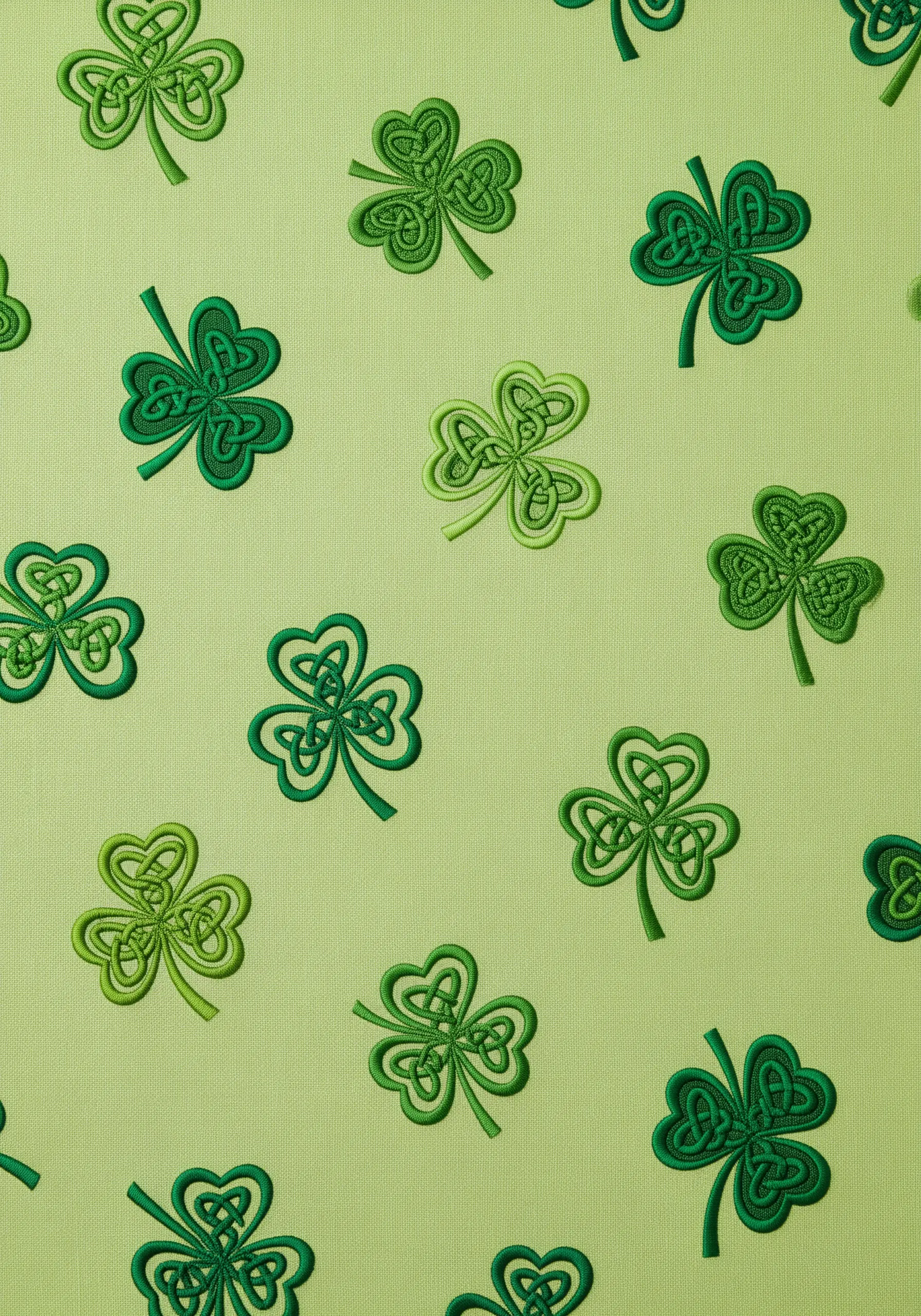 A pattern of Celtic knot shamrocks embroidered in shades of green.