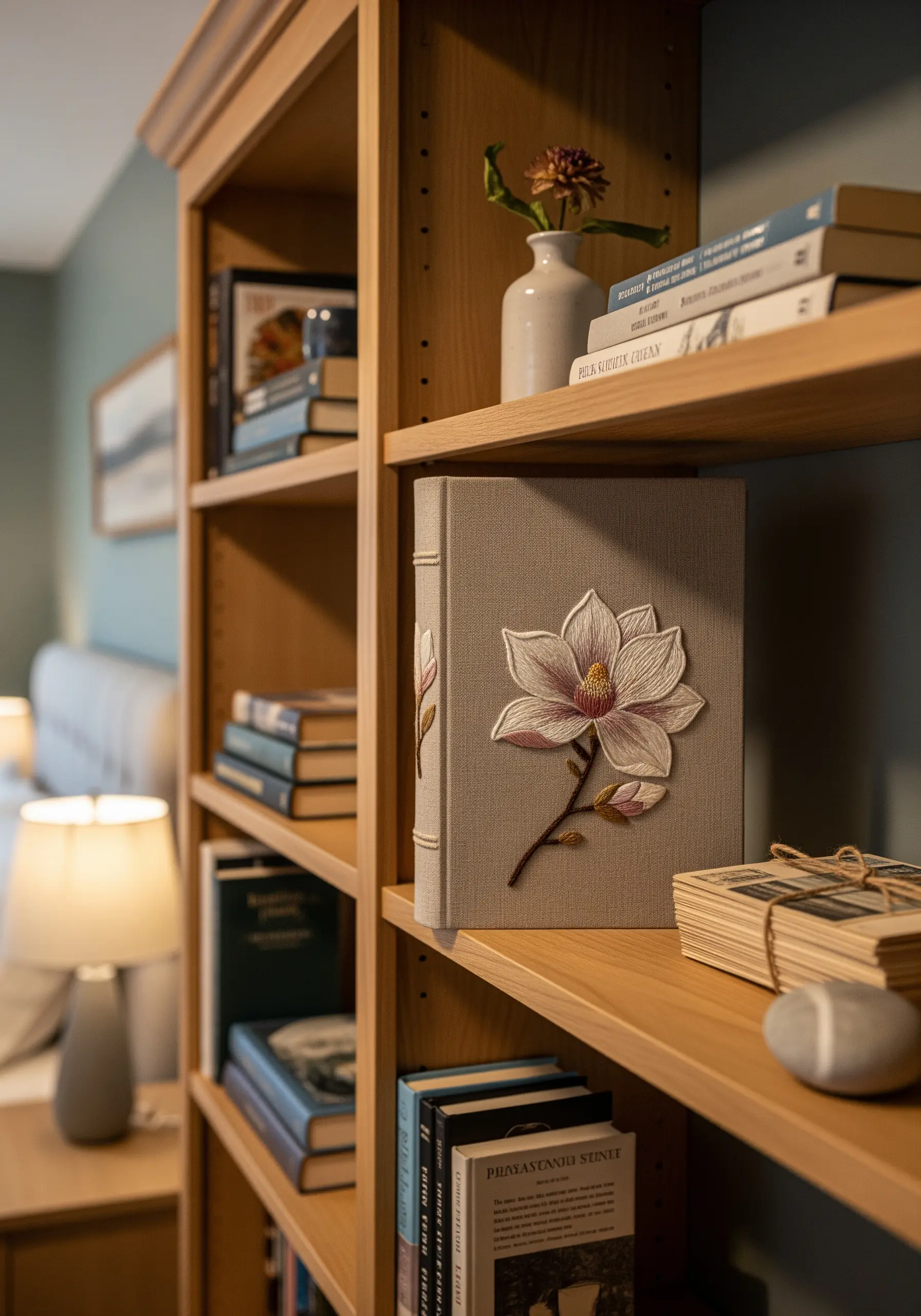 A linen-bound book with a three-dimensional embroidered magnolia flower on the cover.