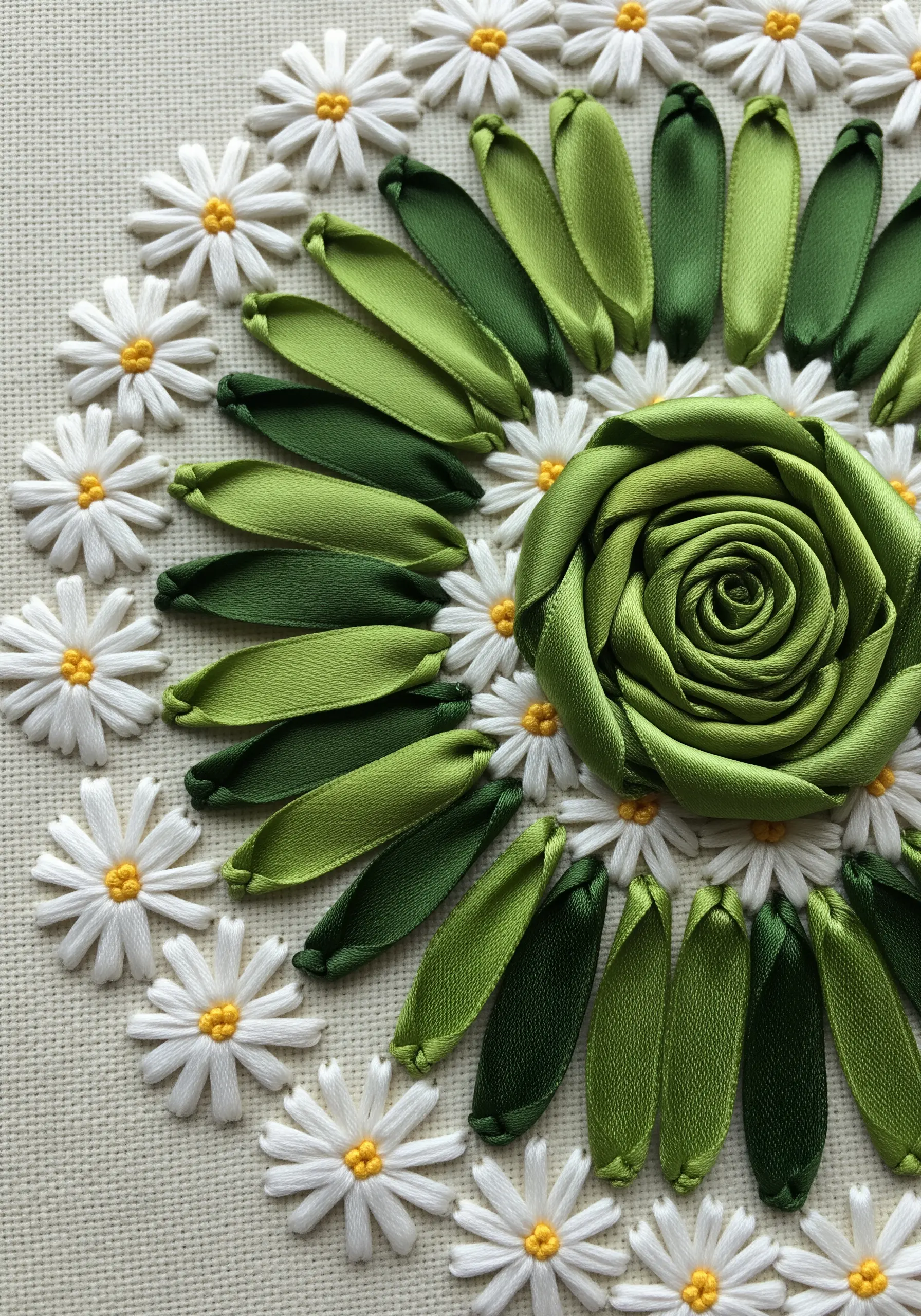 A close-up of a dimensional green ribbon rose surrounded by ribbon leaves and small embroidered daisies.