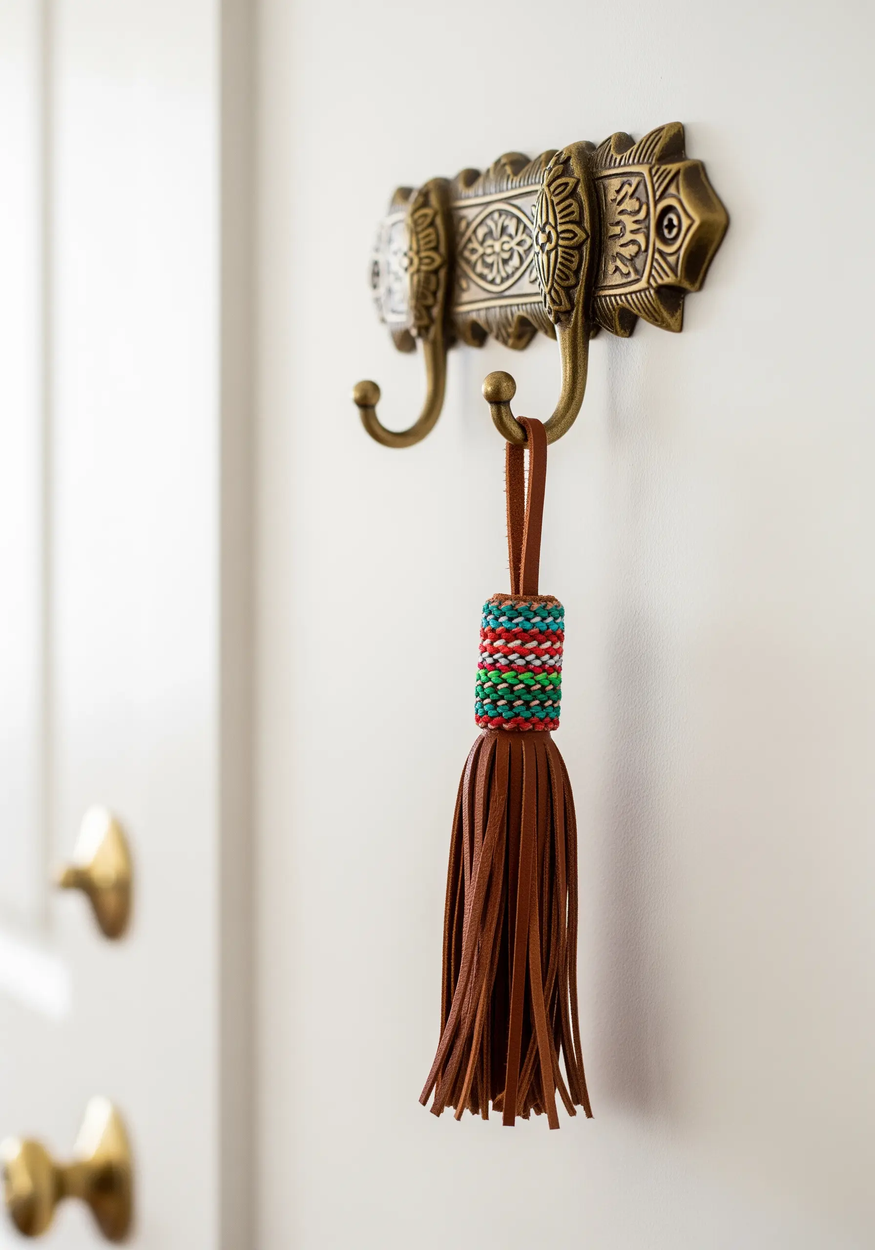 The top of a leather tassel wrapped with colorful bands of embroidery thread.