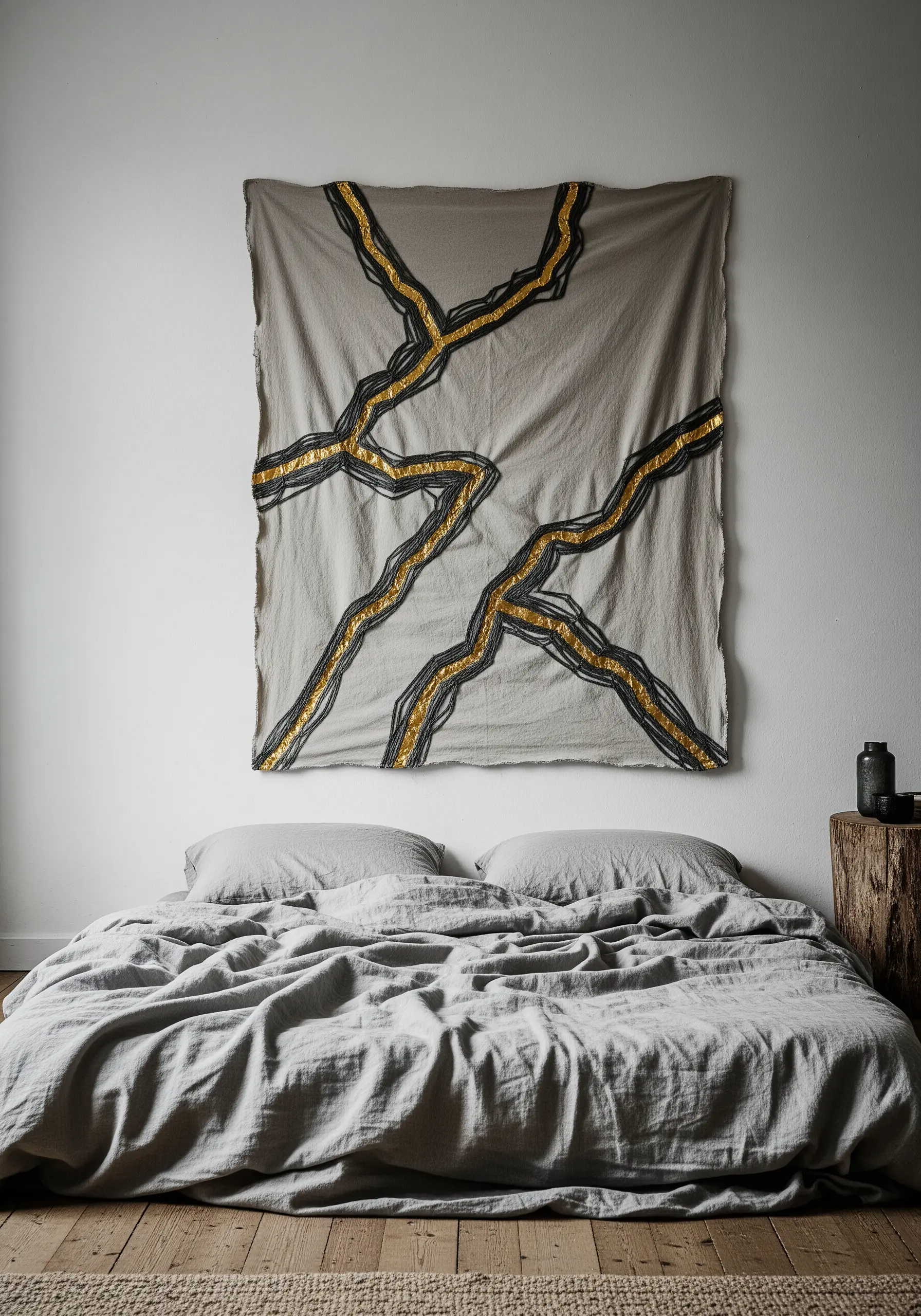 A large textile wall hanging with black and gold abstract lines above a bed.