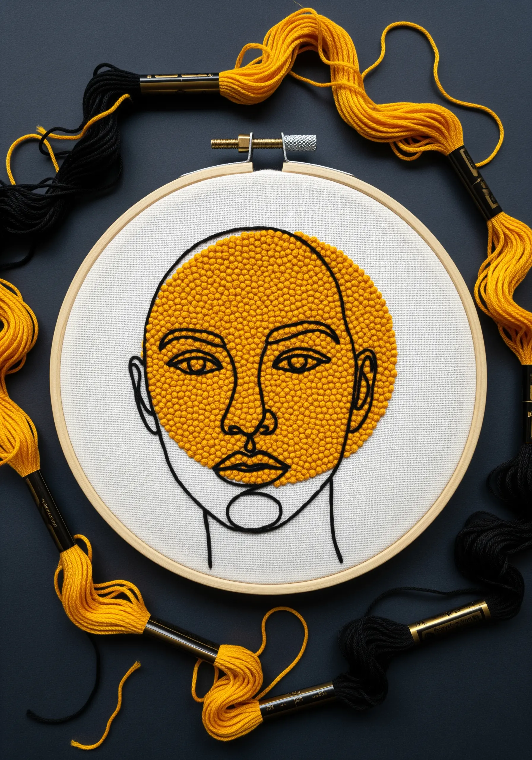 Line-art portrait with a bold yellow circle filled with French knots.