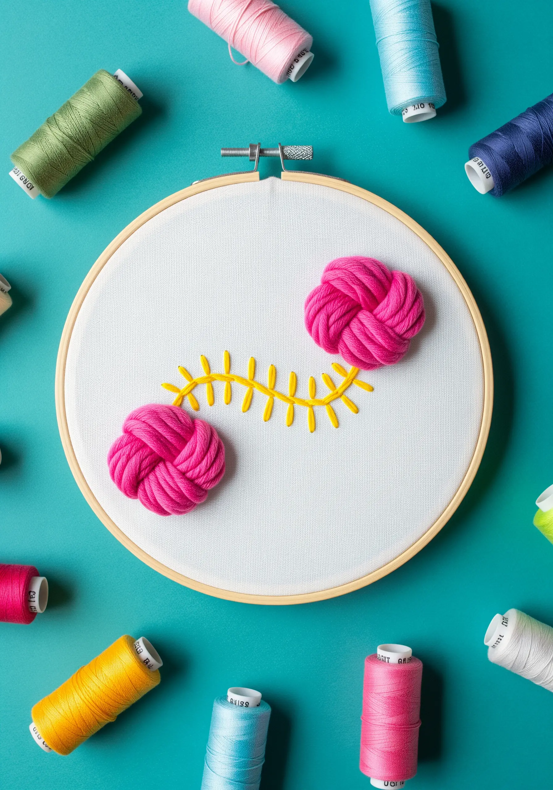 Two large, woven pink yarn knots connected by a yellow spine of detached chain stitches.