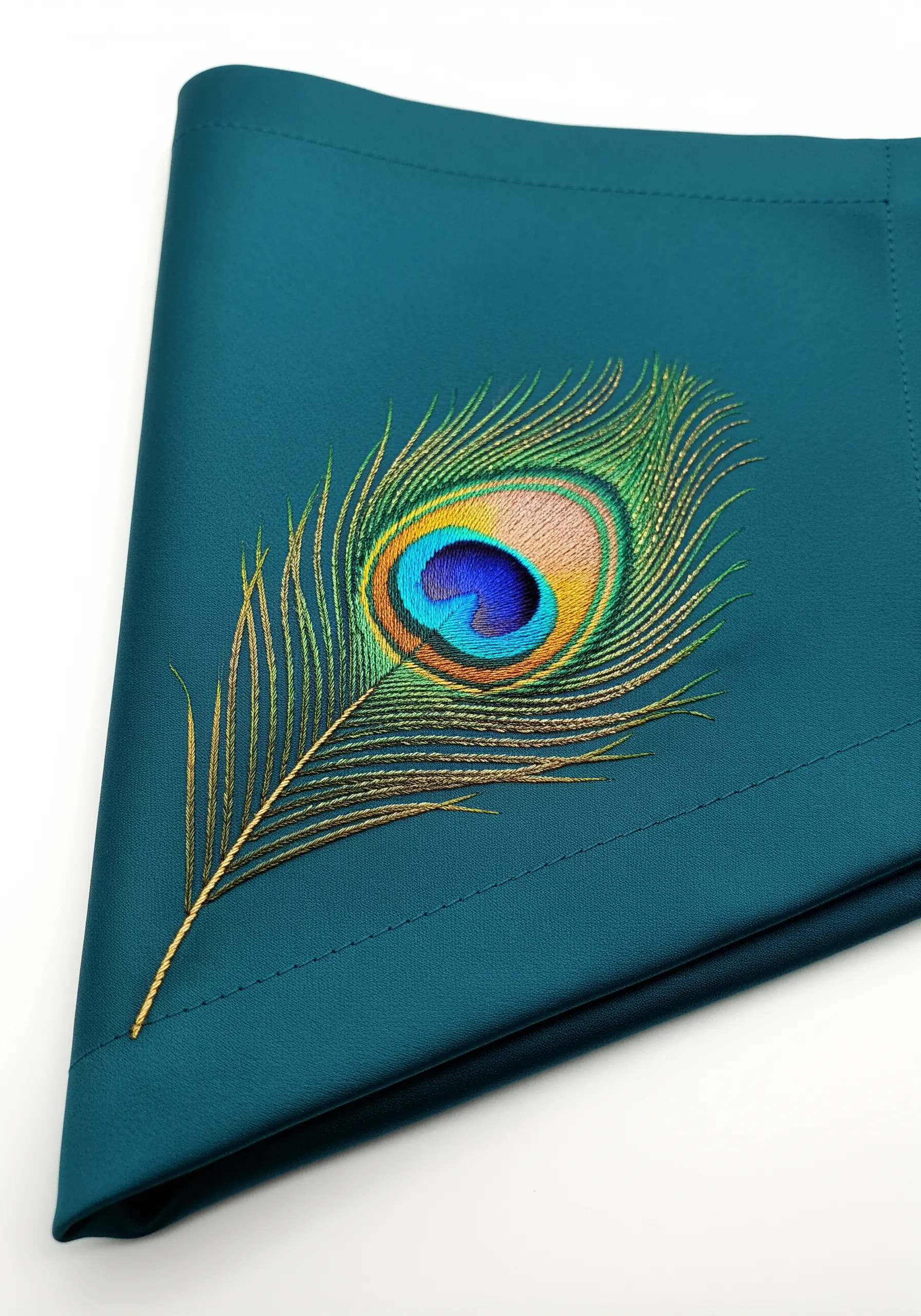 A single, realistic peacock feather embroidered on a teal napkin.