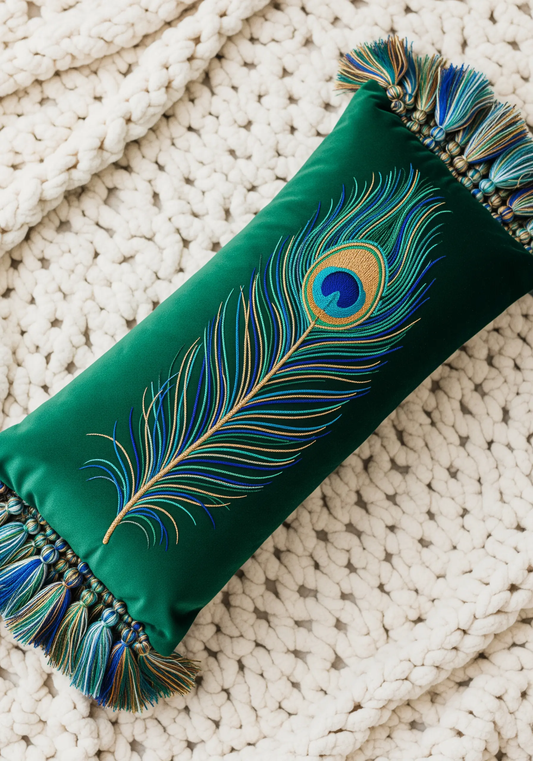 Embroidered peacock feather on a green satin pillow with long-and-short stitches.