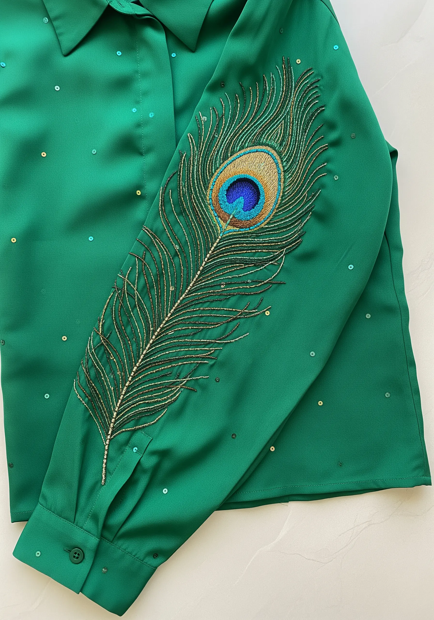 A large, detailed peacock feather embroidered with metallic threads on a silky green blouse sleeve.