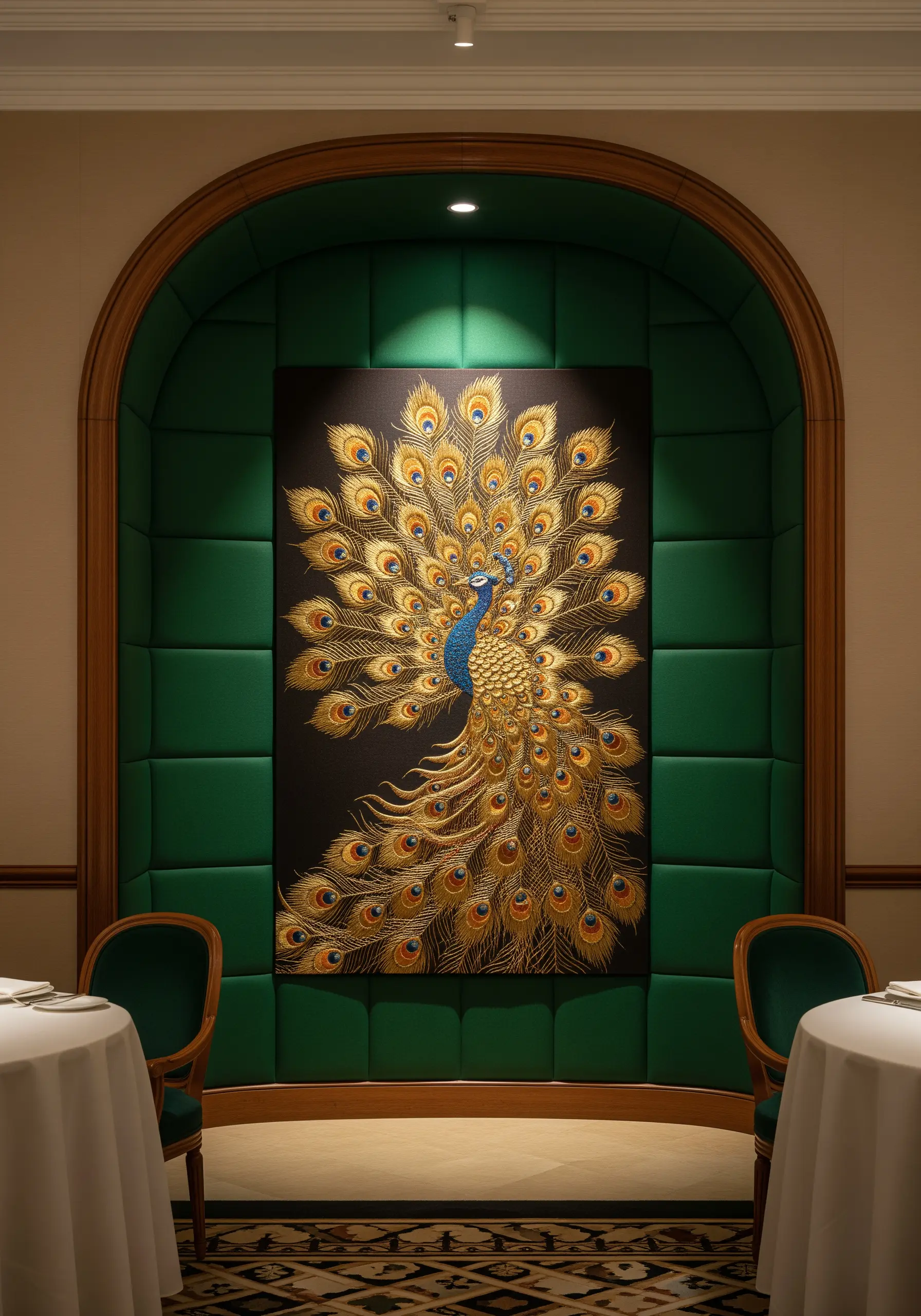 An ornate peacock embroidered with gold and blue metallic threads against a black background.
