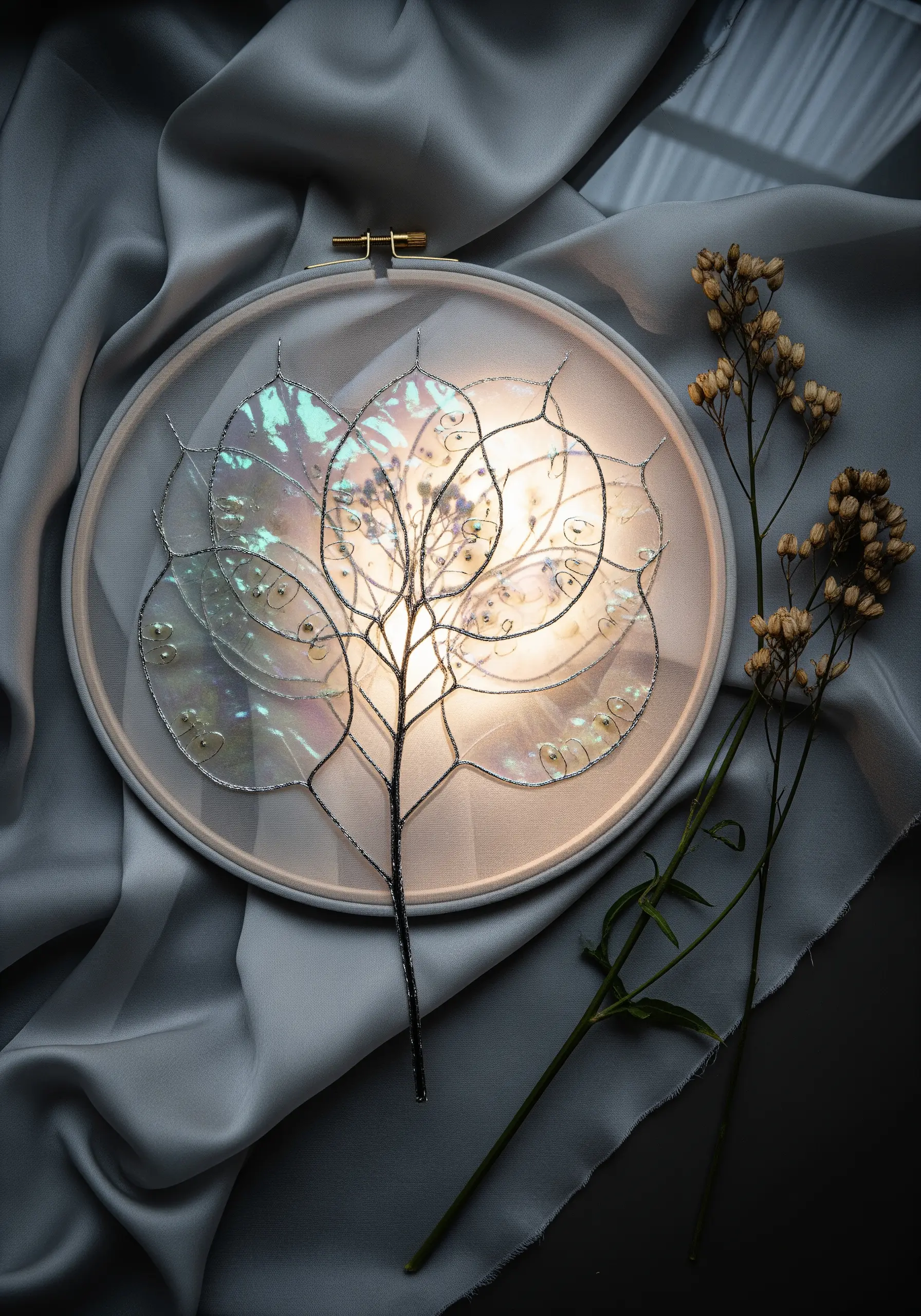 A tree embroidered on sheer organza with iridescent film and metallic threads.