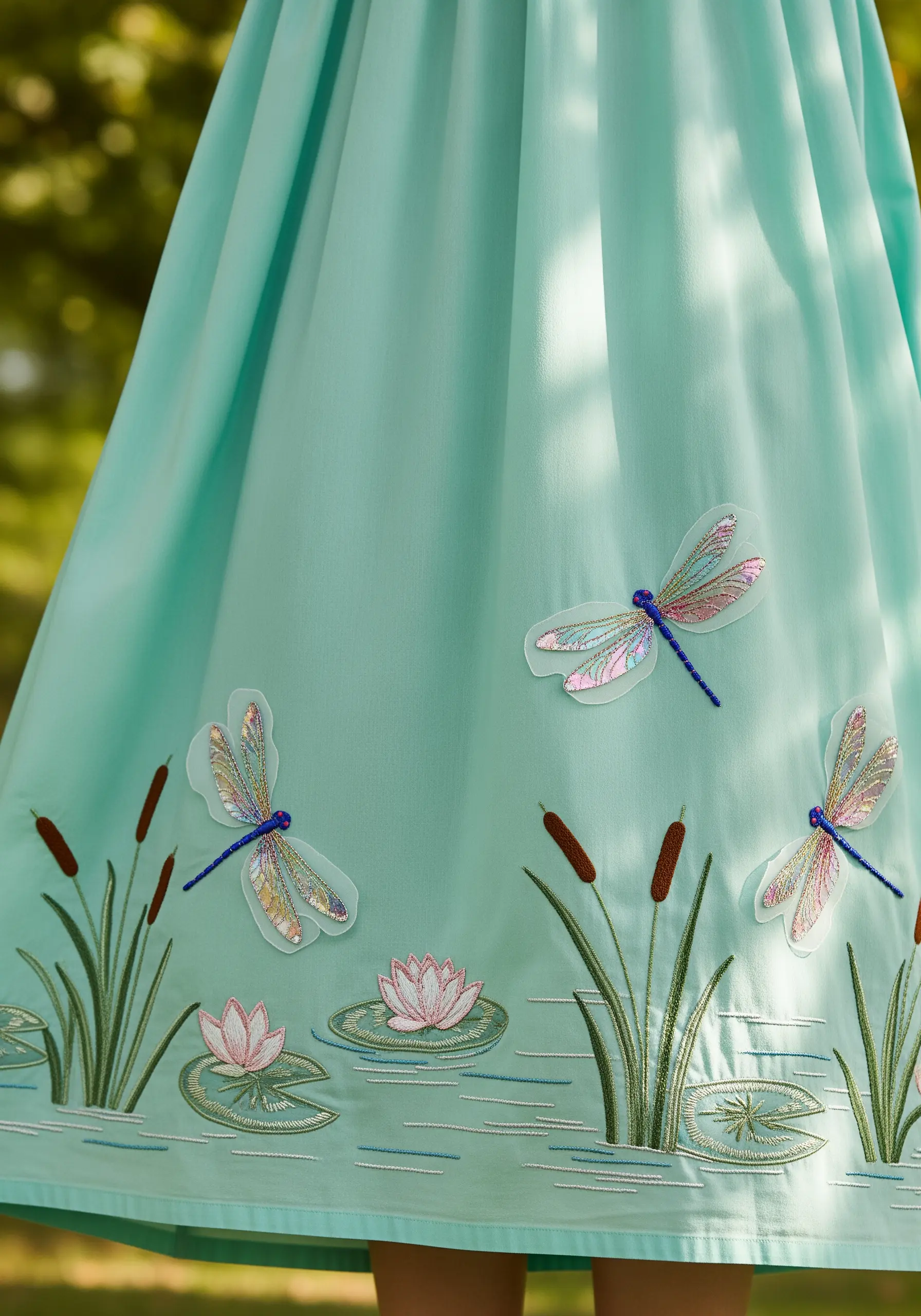 Mint green dress with embroidered dragonflies and cattails