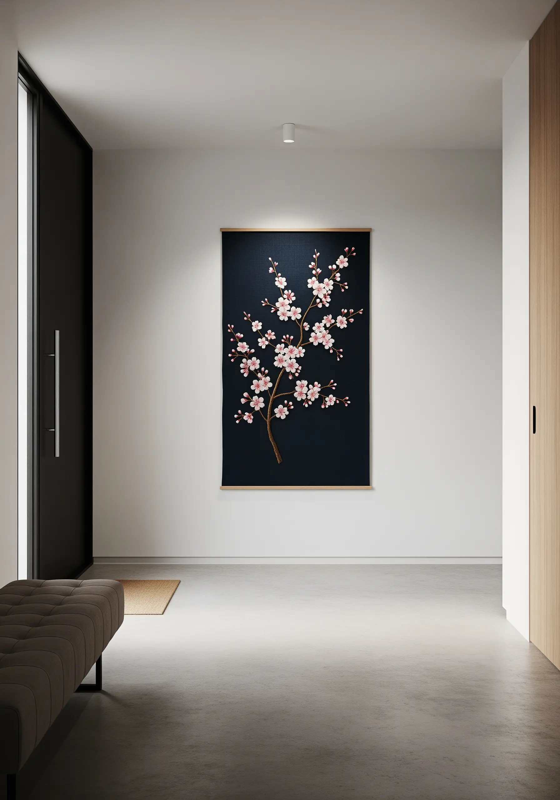 An embroidered wall hanging of a single cherry blossom branch on a dark background.