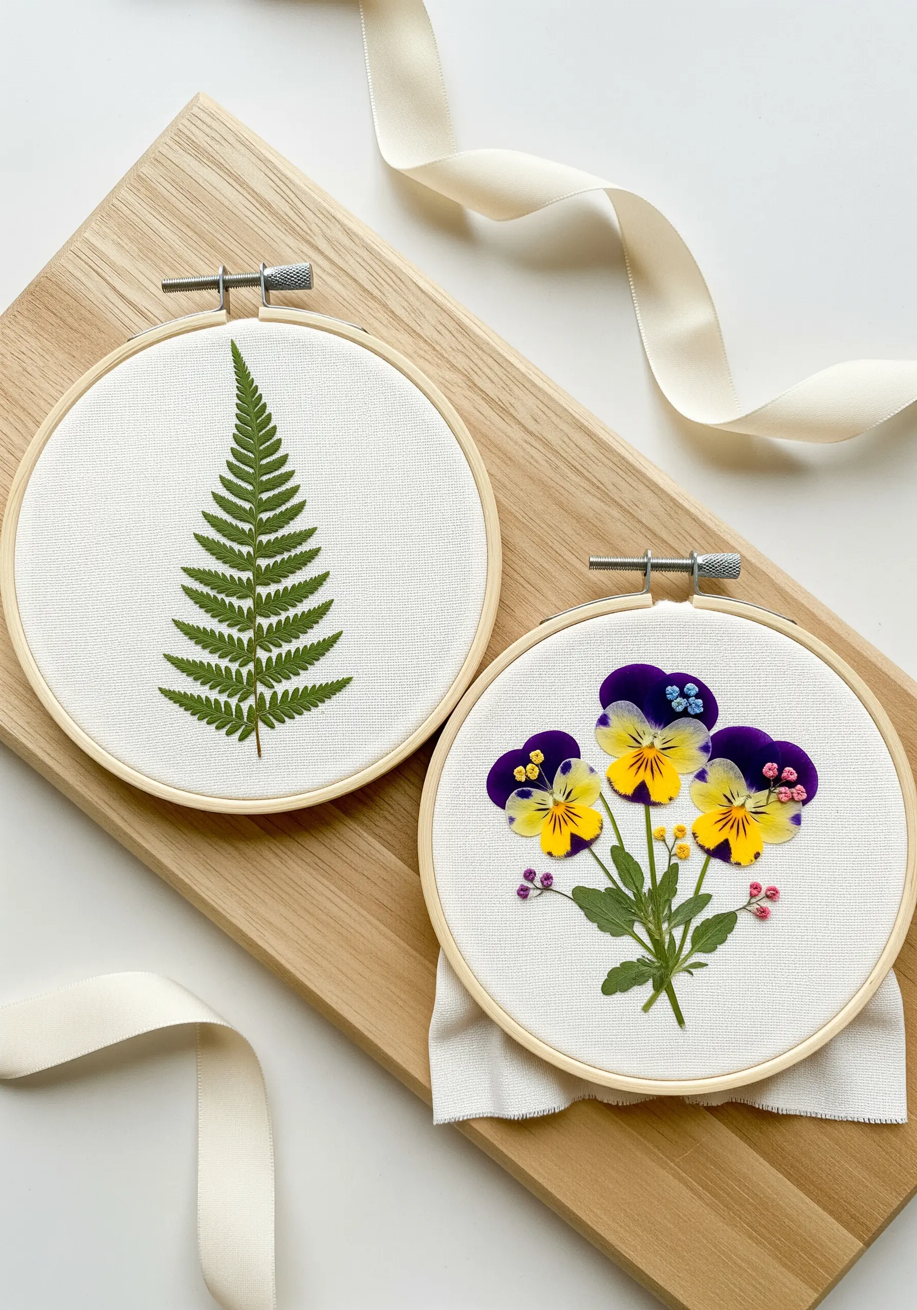 Two hoops displaying minimalist botanical art: one with a single fern, one with pansies.