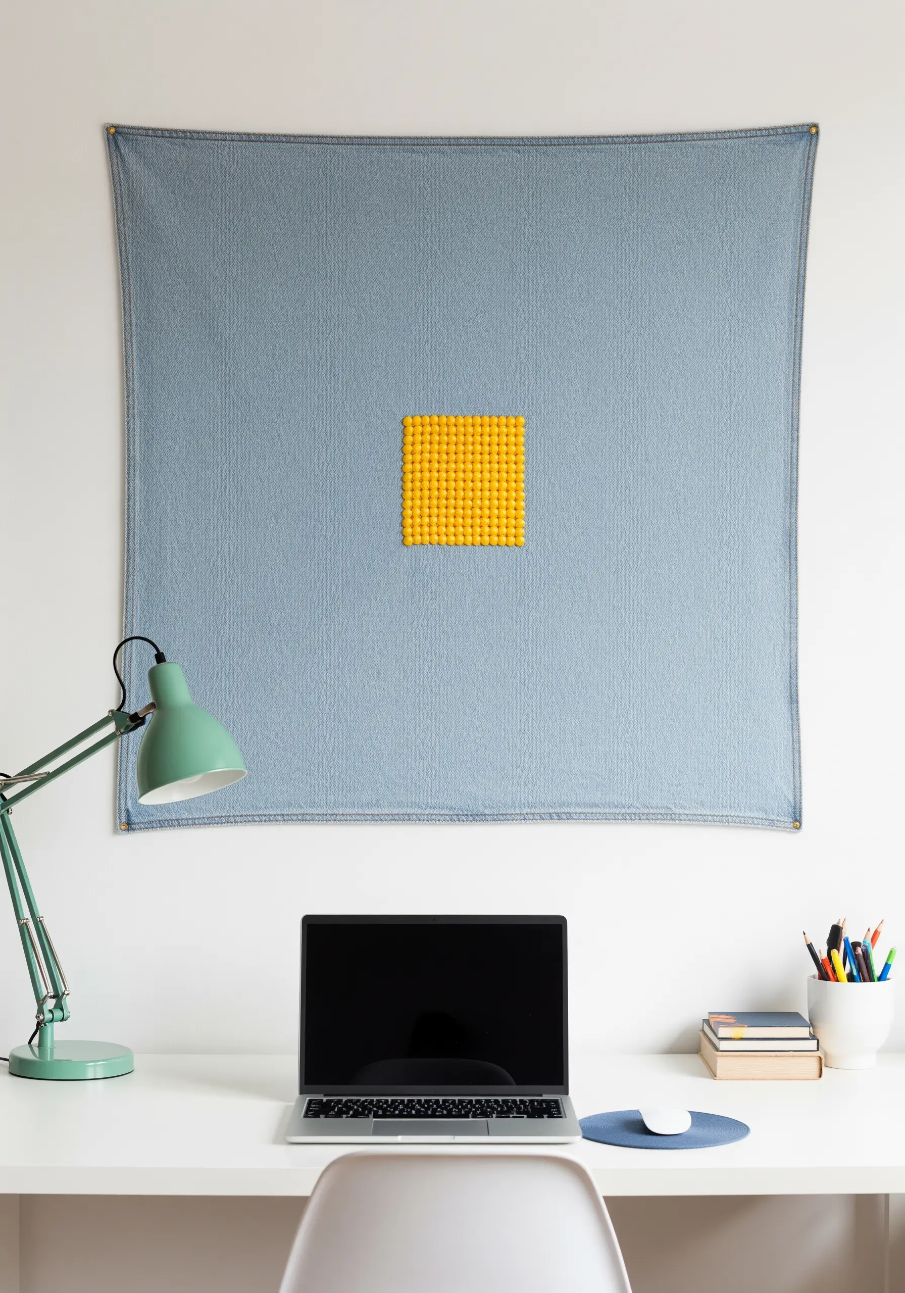 A large denim canvas with a small, perfect square of densely packed yellow French knots in the center.