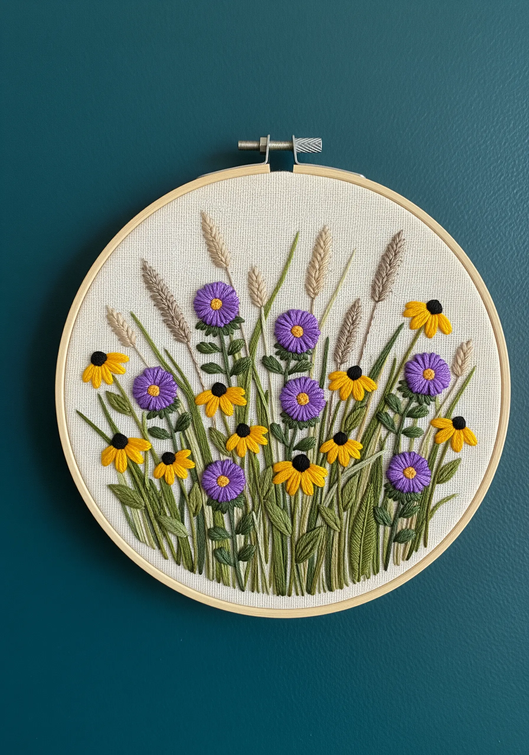Embroidery of purple asters and yellow black-eyed Susans against a teal wall.
