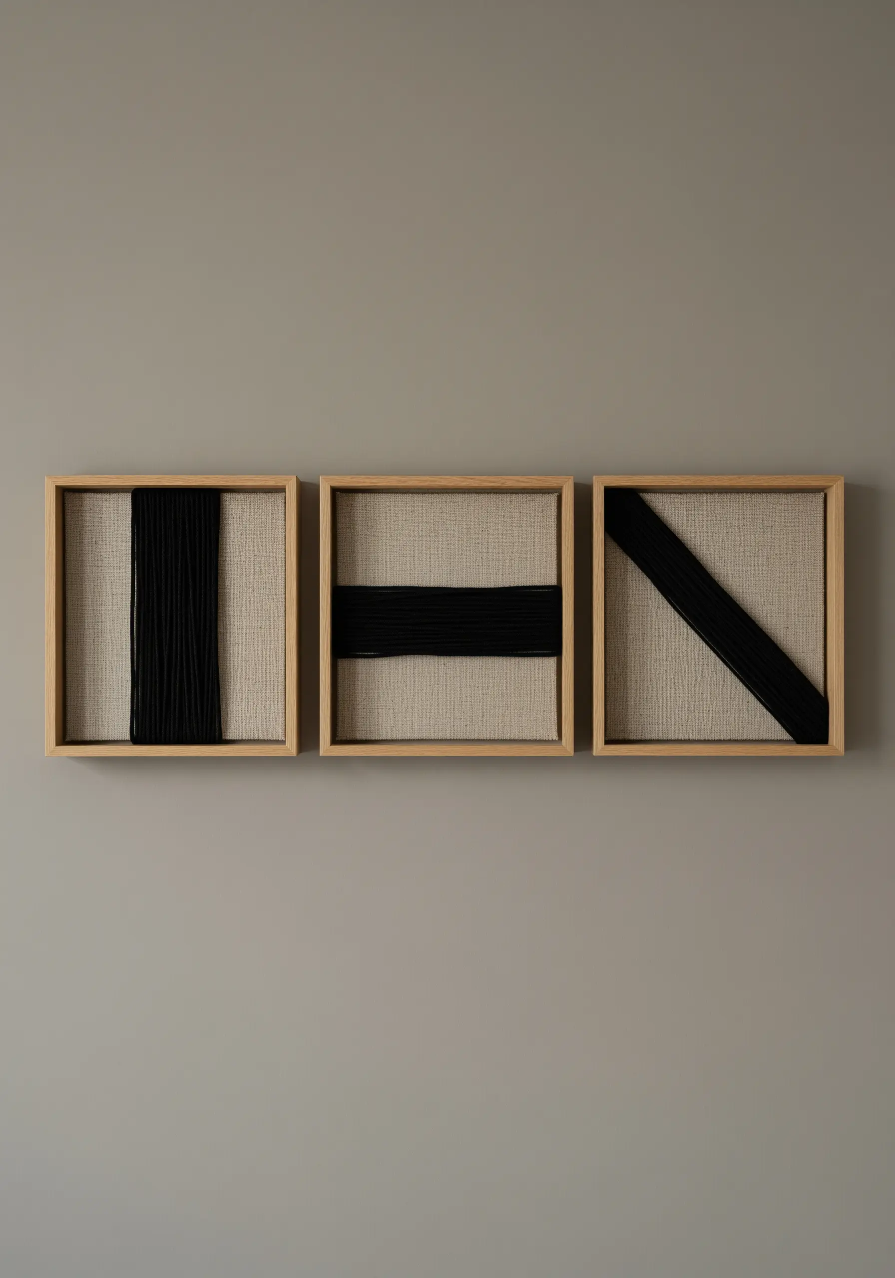 A triptych of framed black yarn creating vertical, horizontal, and diagonal lines.