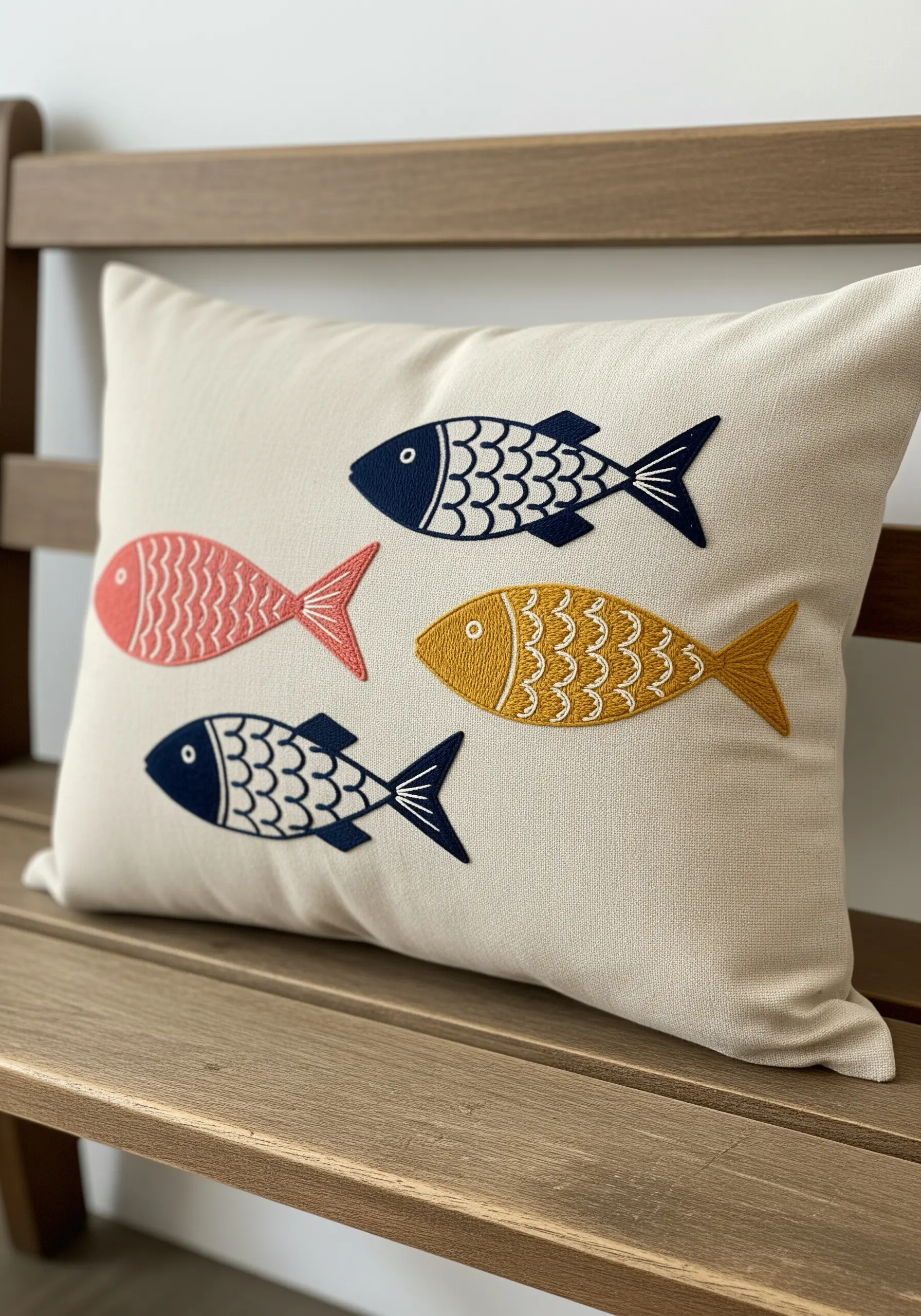 Four stylized fish embroidered in coral, navy, and yellow on a cream pillow.