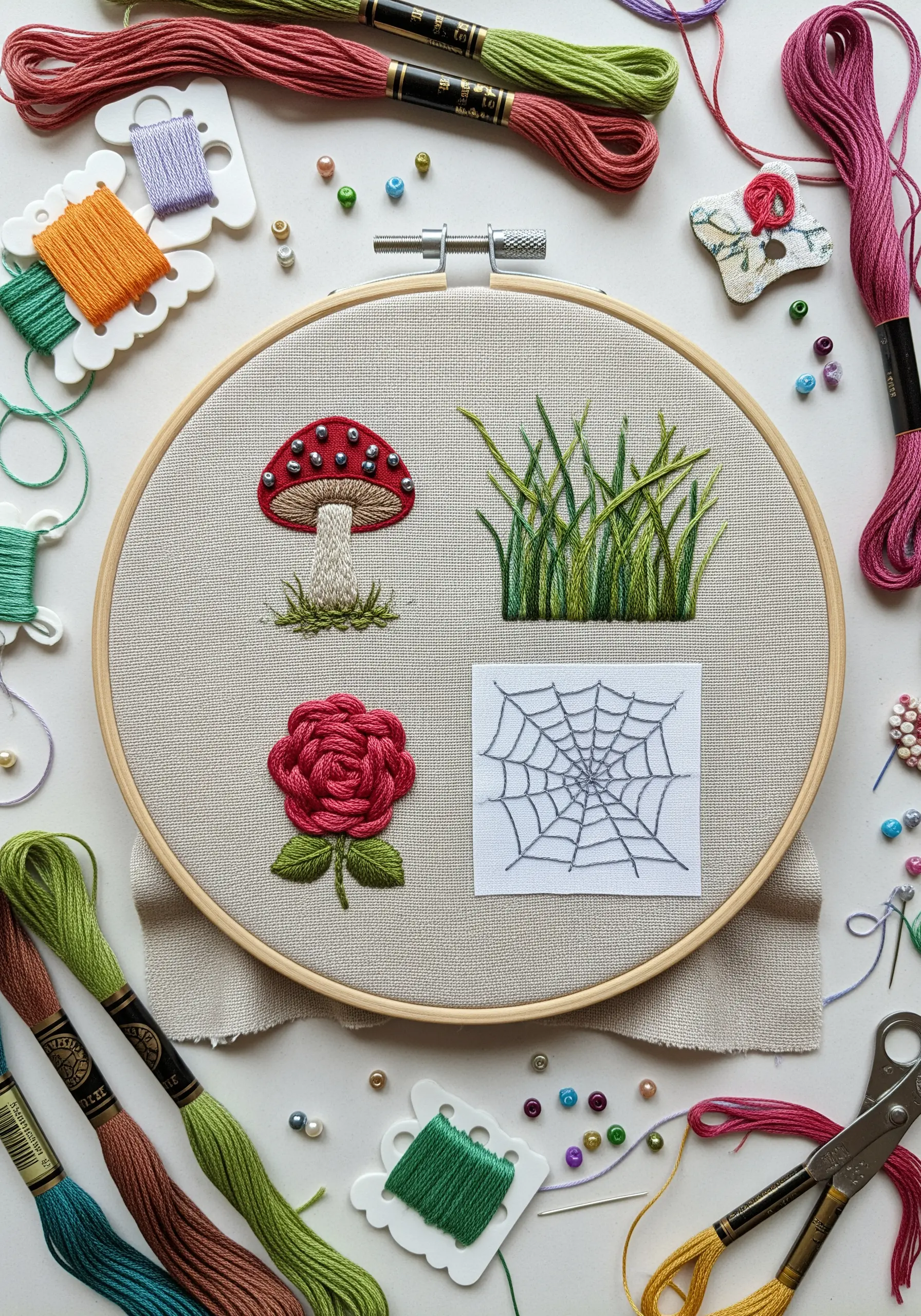 A modern embroidery sampler with four isolated nature motifs in a hoop.