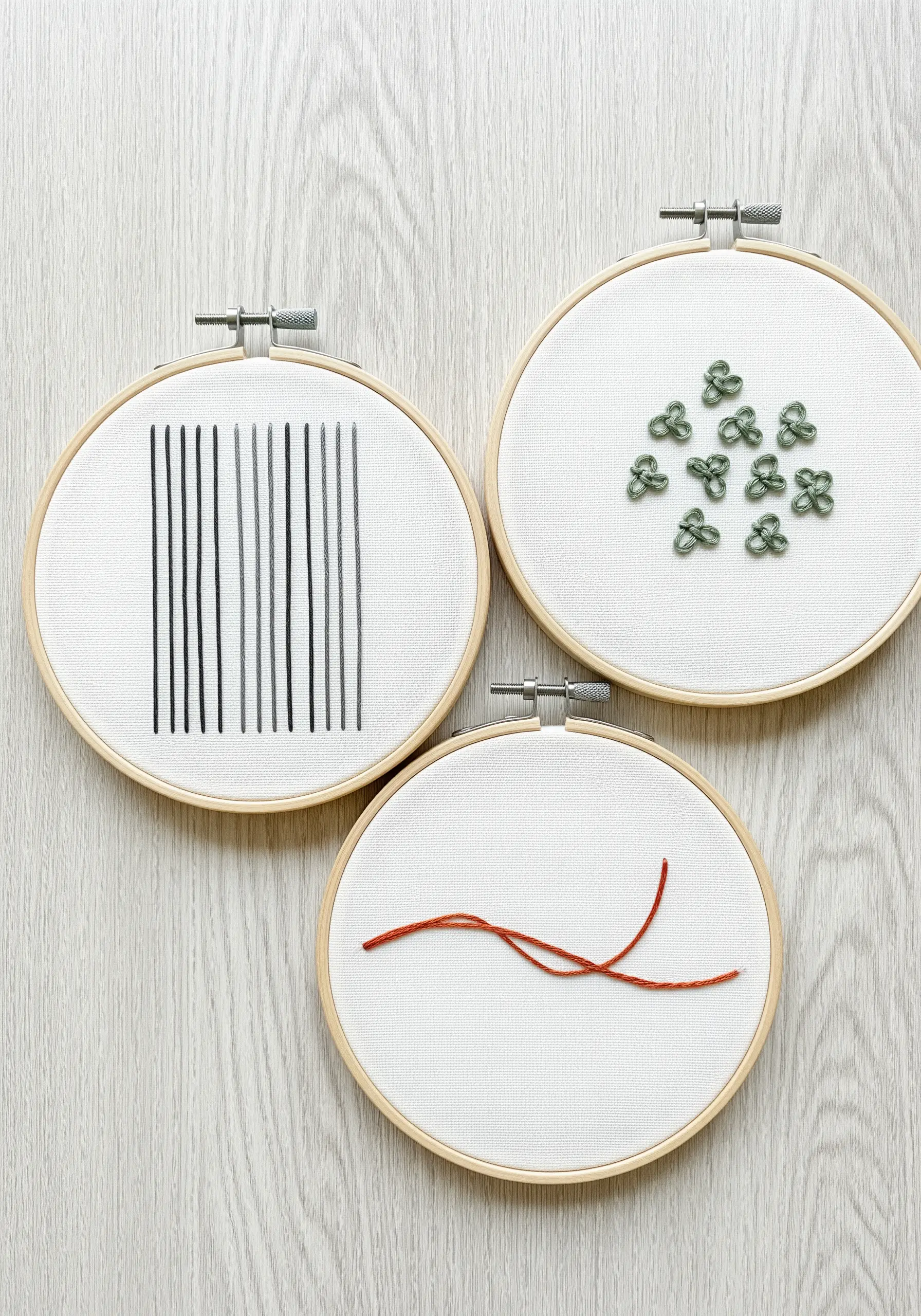 Three minimalist embroidery hoops with lines, knots, and a single curved stitch.