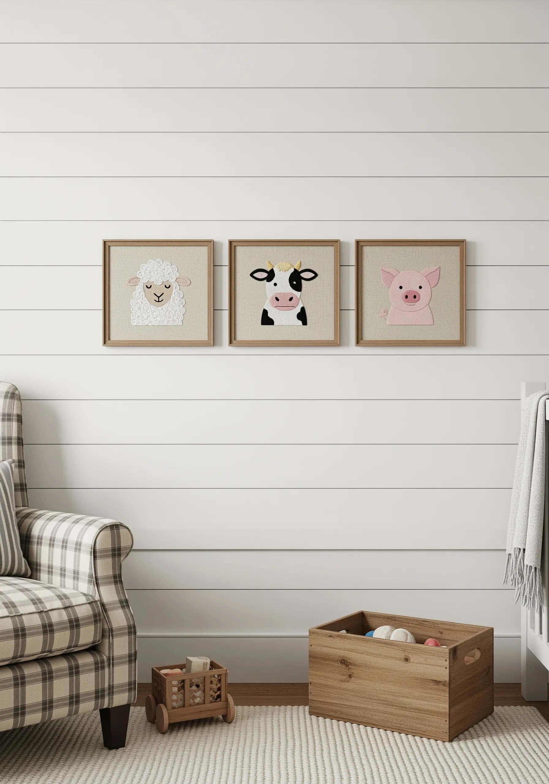 Three framed embroideries of farm animals: a sheep, cow, and pig.