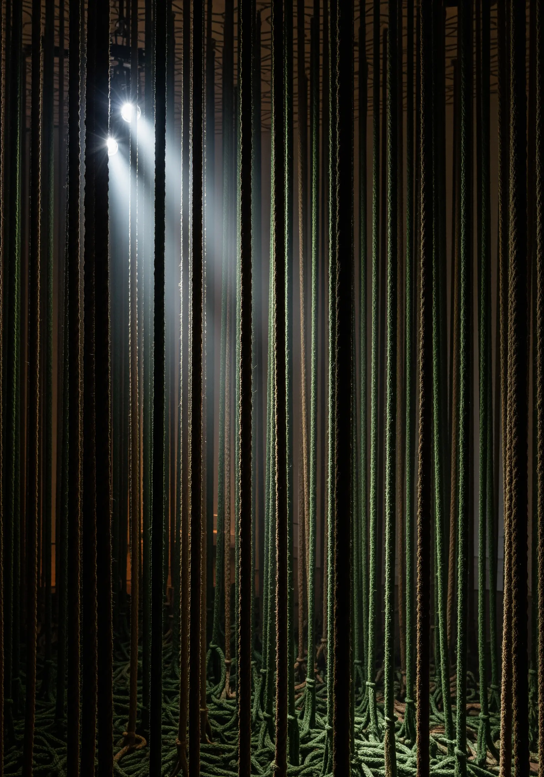 Single vertical lines of metallic thread stitched on black velvet.