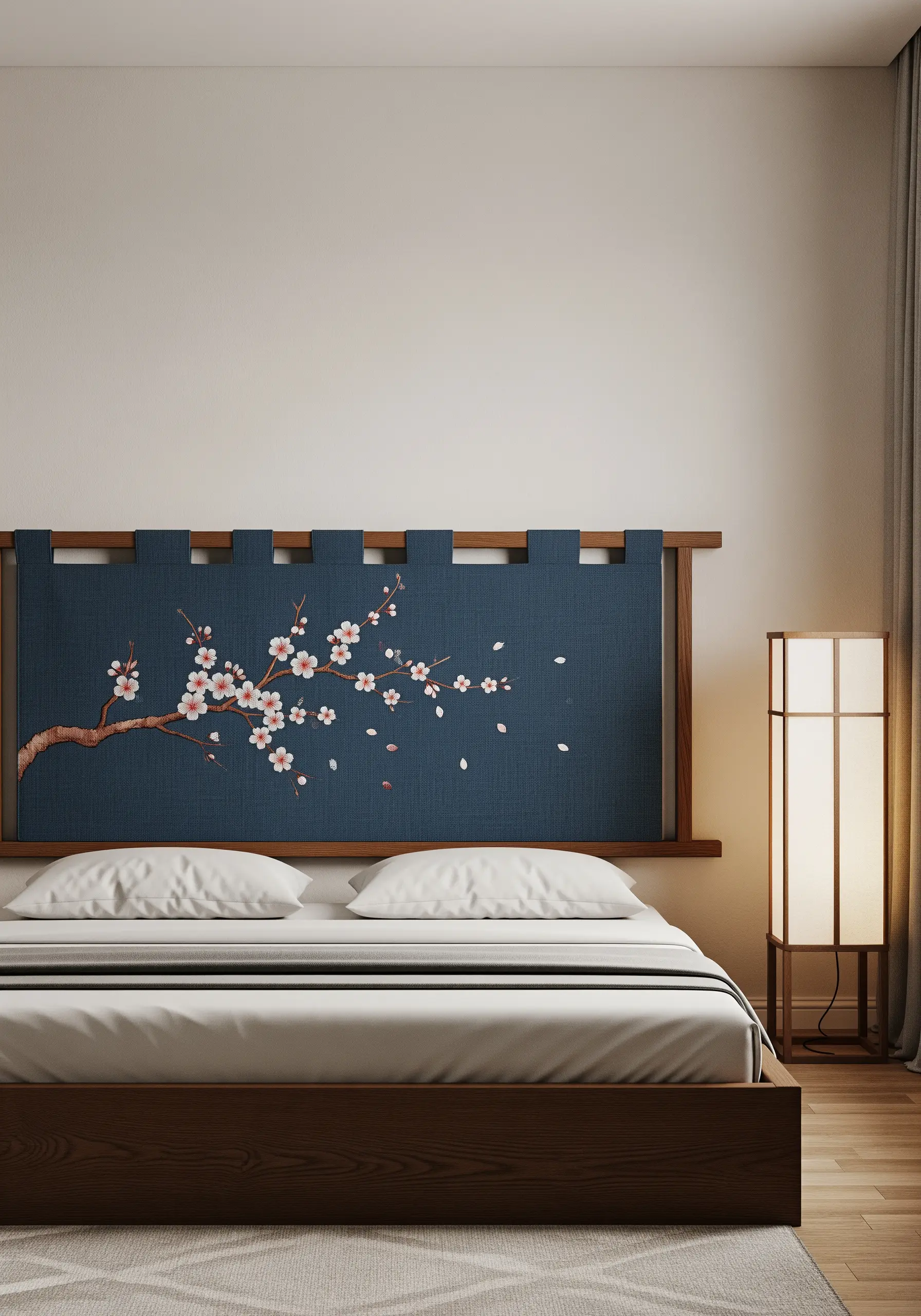 A cherry blossom branch embroidered on a blue fabric panel headboard in a Japanese-style room.