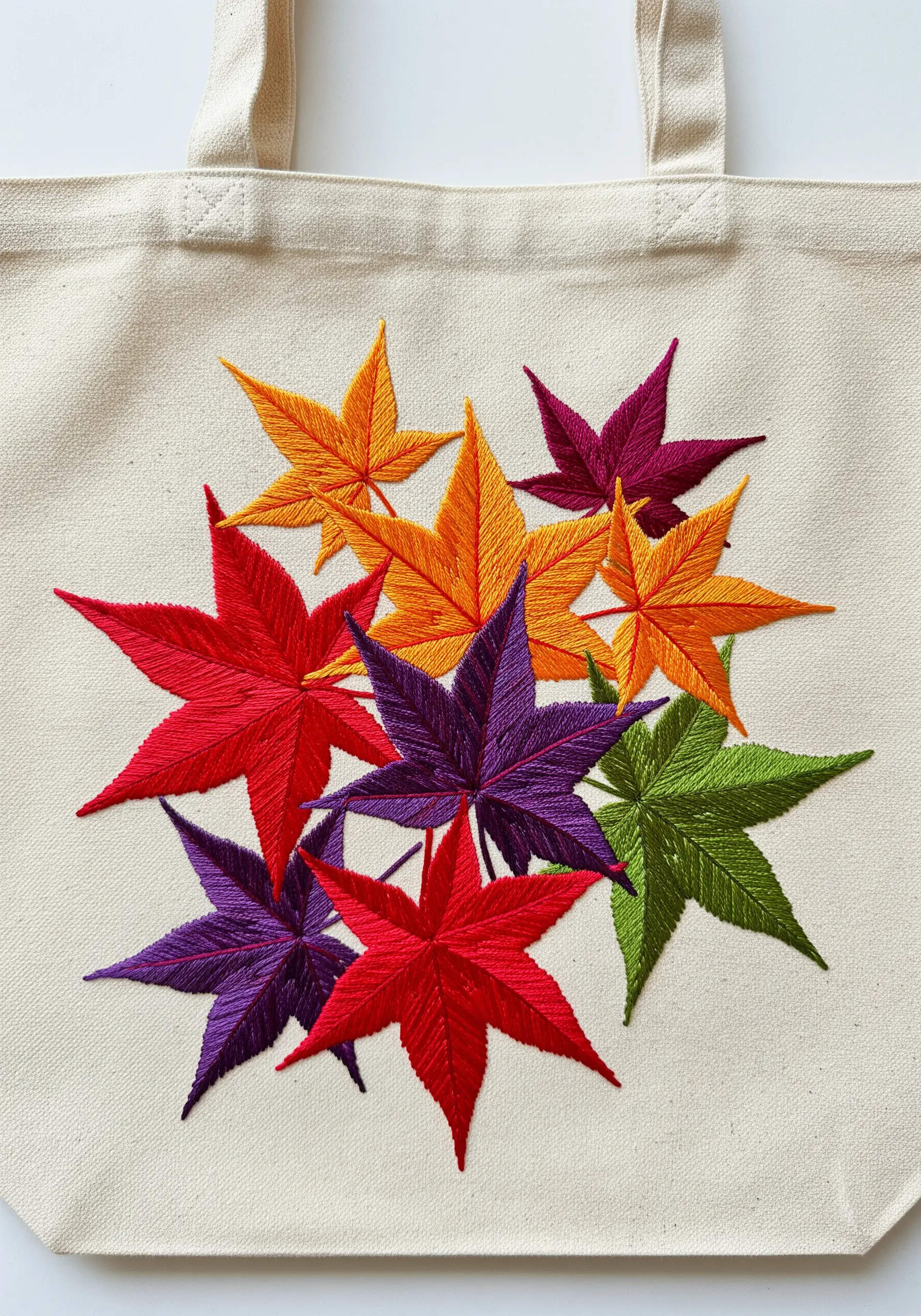 A vibrant cluster of Japanese maple leaves embroidered in red, purple, orange, and green.