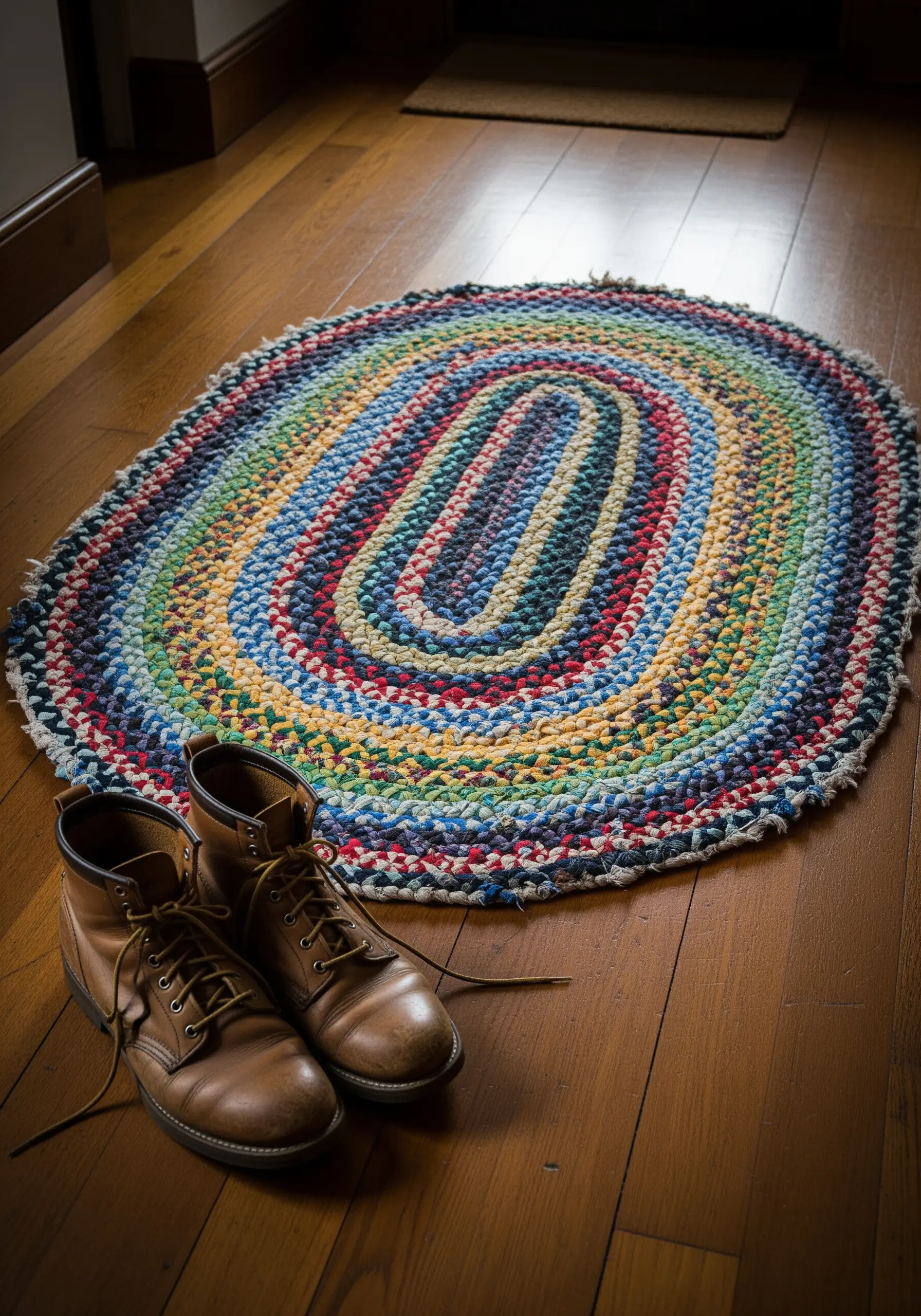 Multi-colored braided oval rug on wooden floor