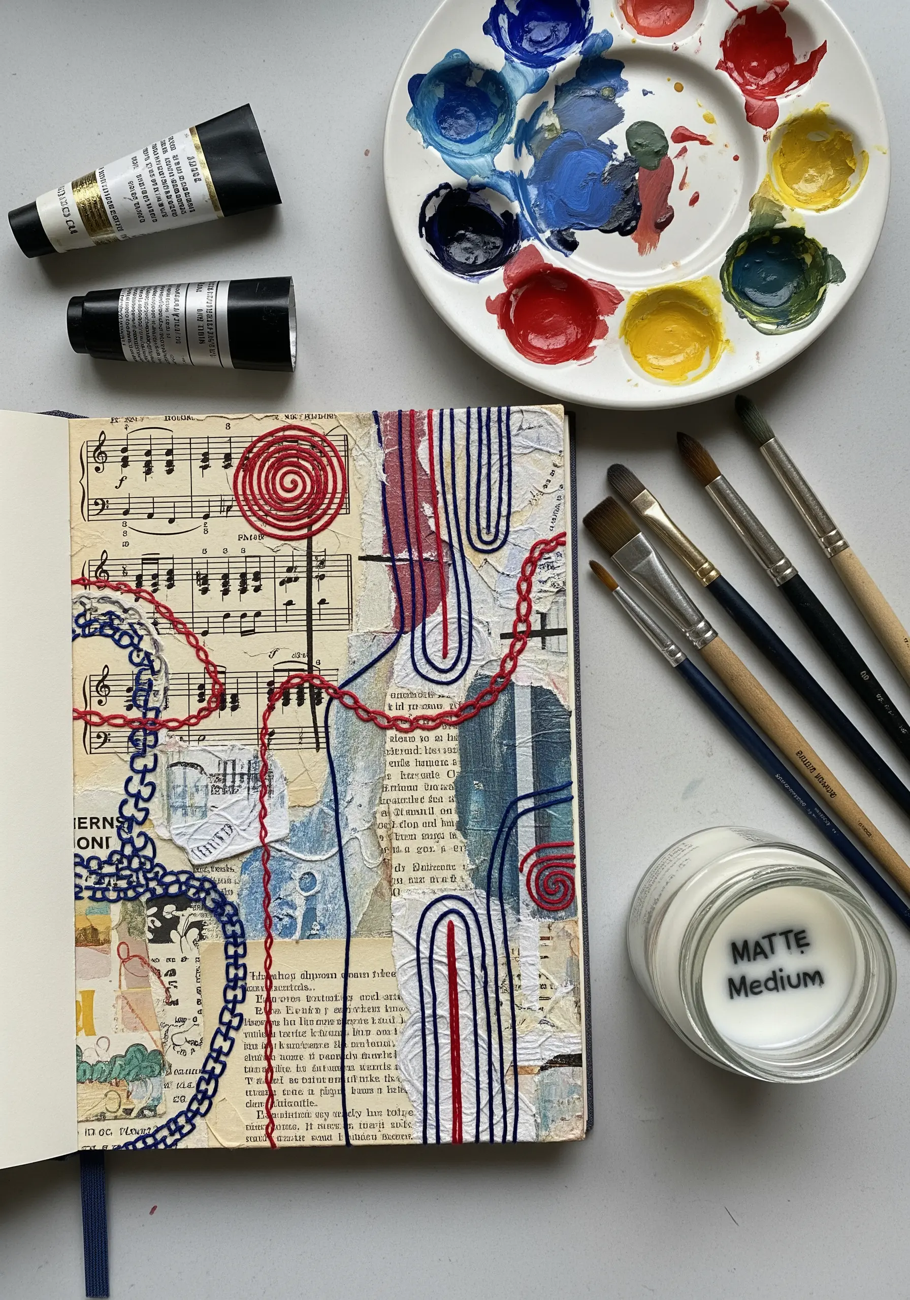 Art journal page with paper collage and abstract red and blue chain stitch embroidery.