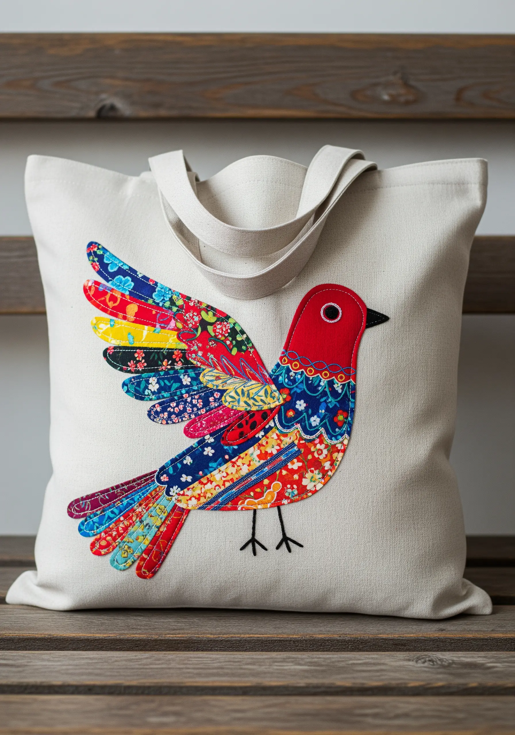 Colorful folk-art bird appliqué made from a collage of patterned fabric scraps.