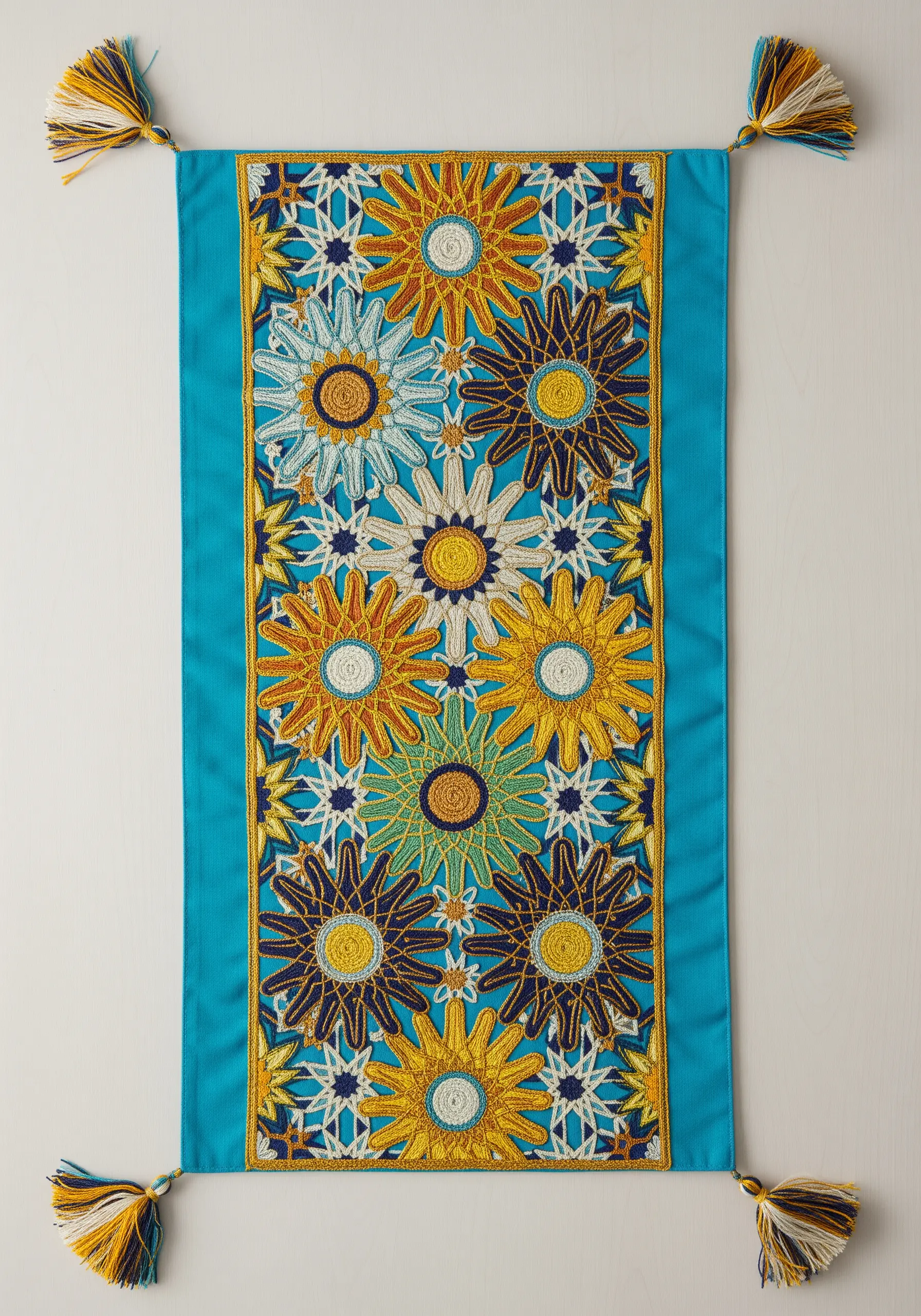 A vibrant turquoise runner with embroidered tiles of colorful suns and flowers.